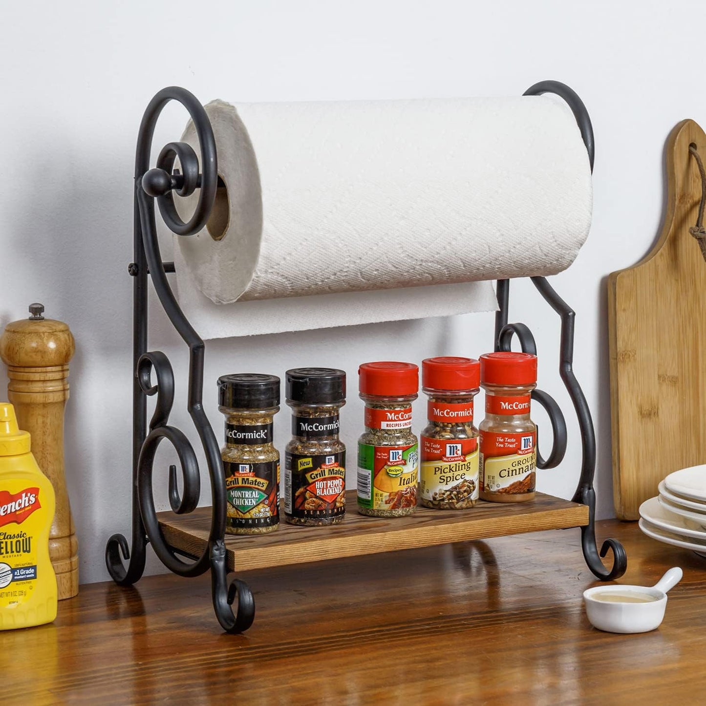 MyGift Black Paper Towel Holder with Rustic Wood Shelf, Countertop Stand | Integrated upper shelf stores spices, oils