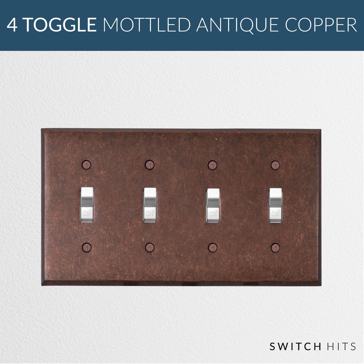 Mottled Antique Copper Outlet Wall Plate | 4 Toggle | 8.25" x 4.5" | Hand-Polished Brass Construction | Electrical