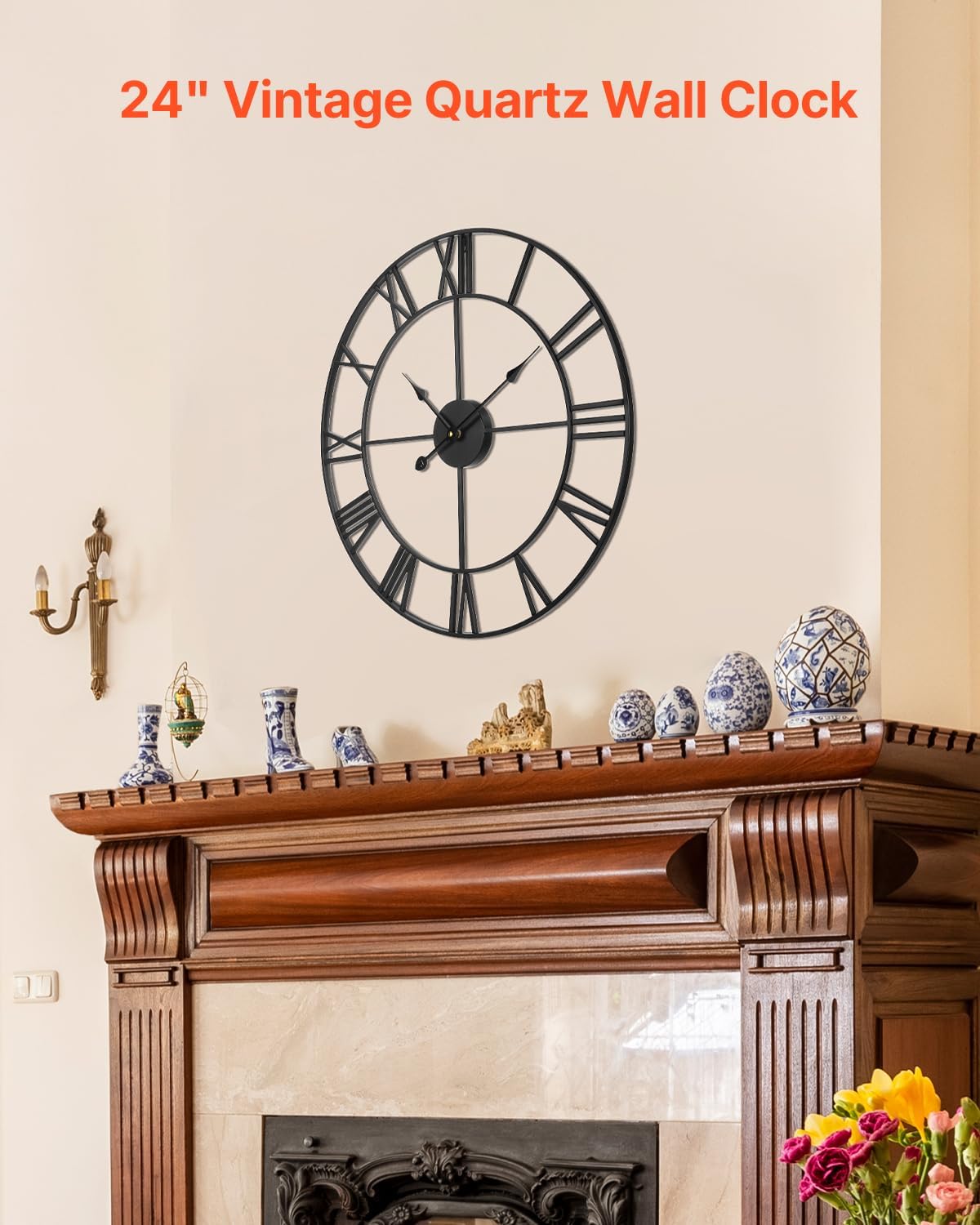 VEVOR Large Wall Clock, 24 in Wall Clock Roman Numerals, Battery Operated Non Ticking Classic Decorative Round Clocks