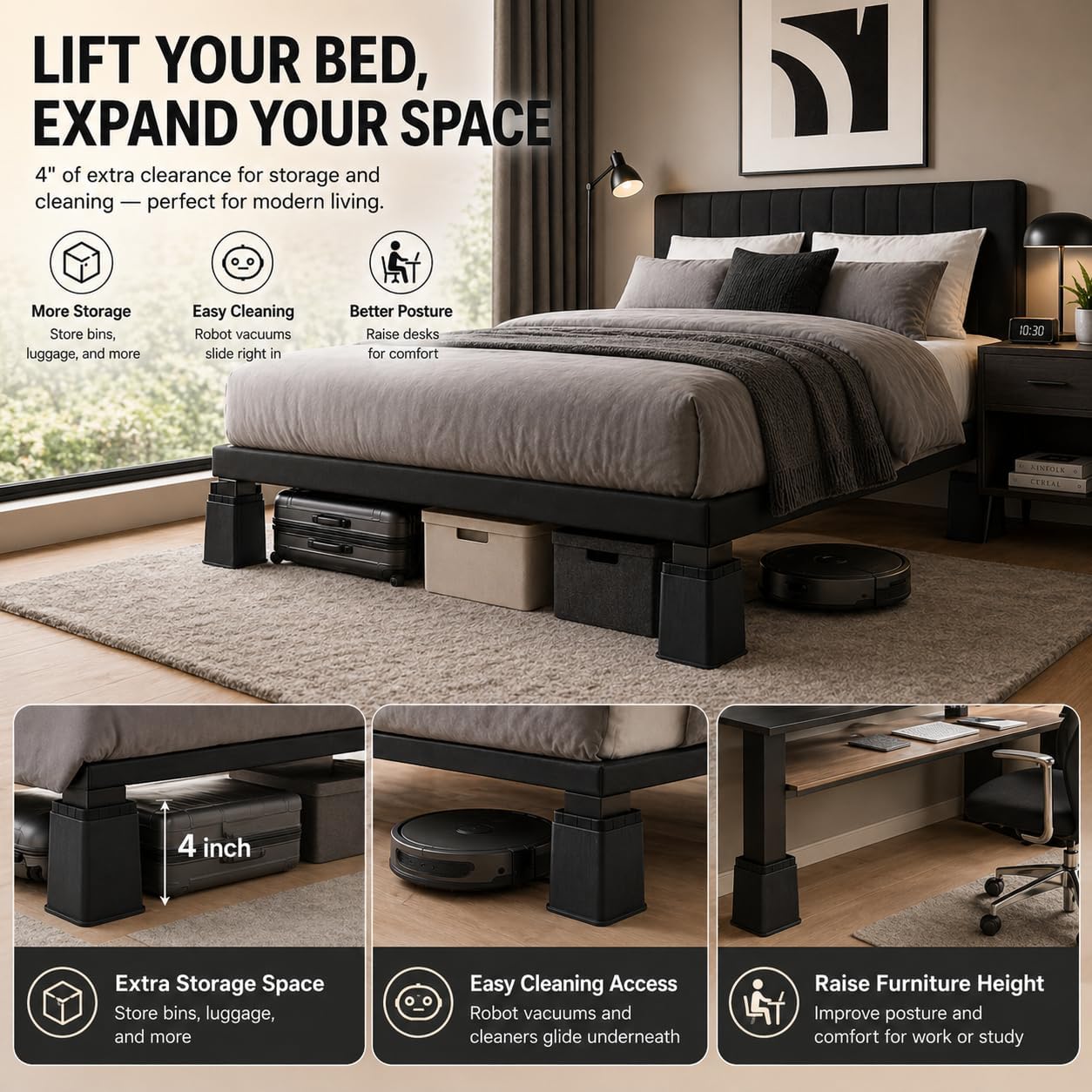 BTSD-home Adjustable Bed Risers 4 Inch, 8 Pack | Heavy Duty Stackable Furniture Lifts, 4 or 8 Inch, for Beds, Couches