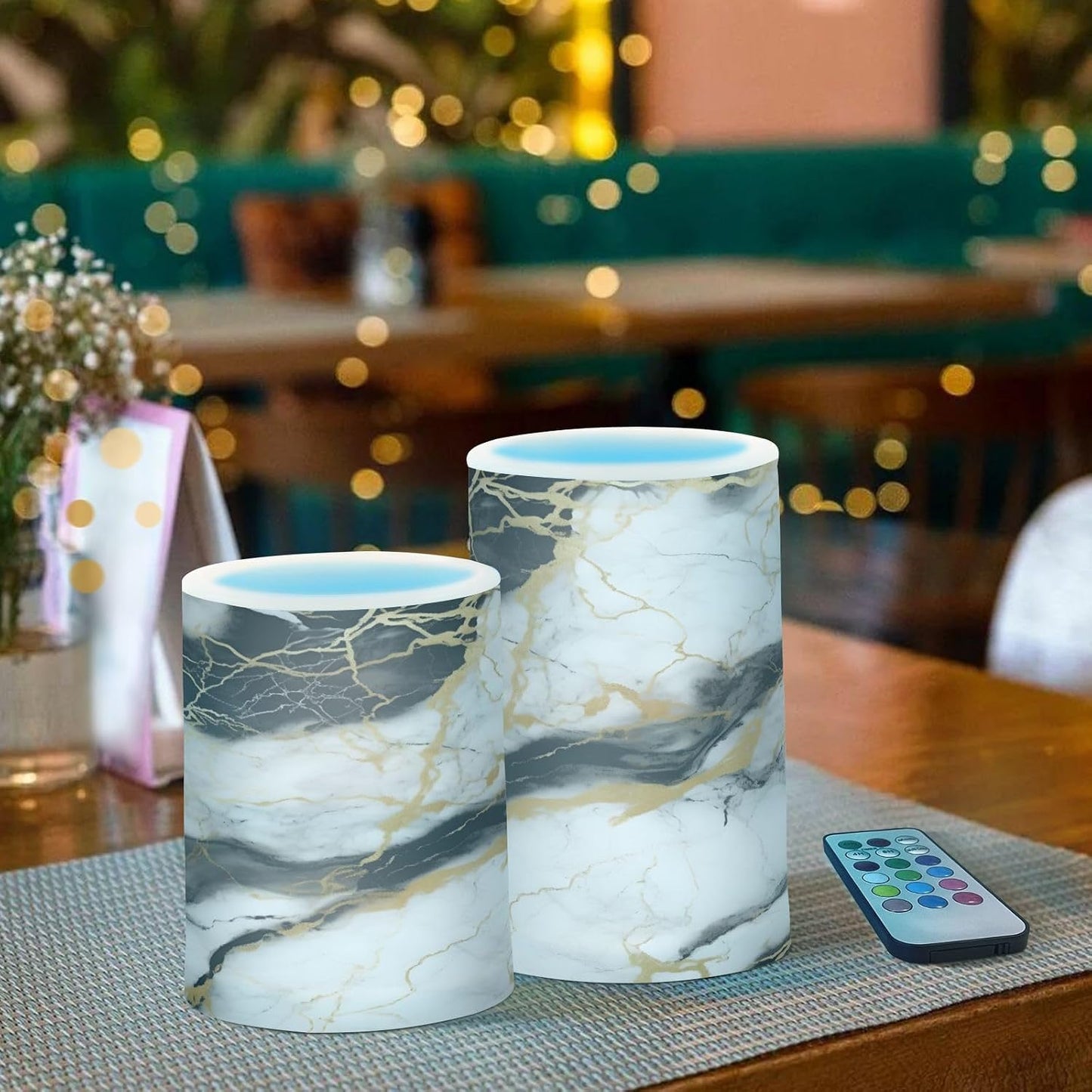 Flickering Flameless Candles, Golden White Black Marble LED Candles with Remote Timer, Set of 2 Battery Operated Candle