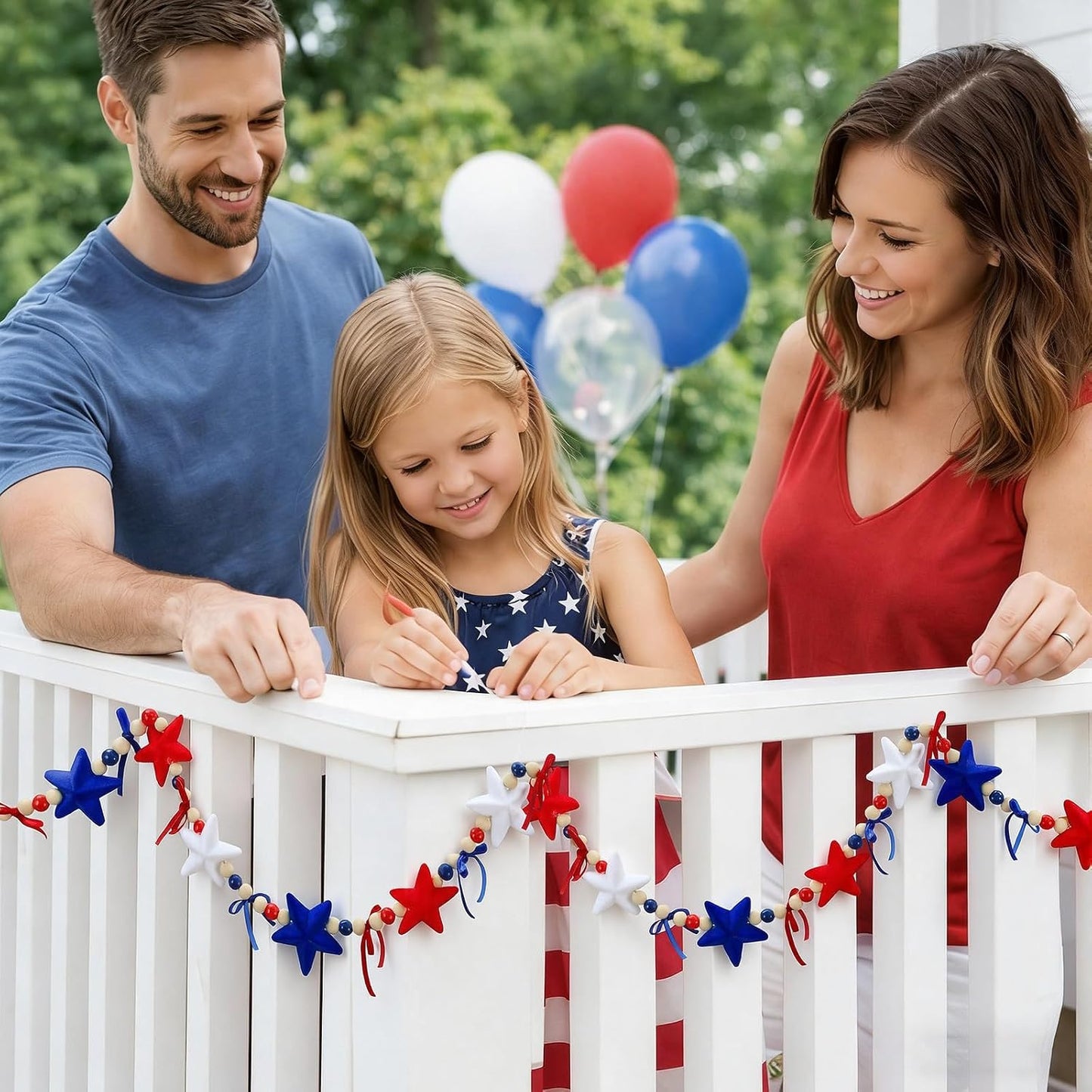 Decorations Patriotic Garland Wooden Beads Banner / 4th of July / Red and Blue / 4.92 ft