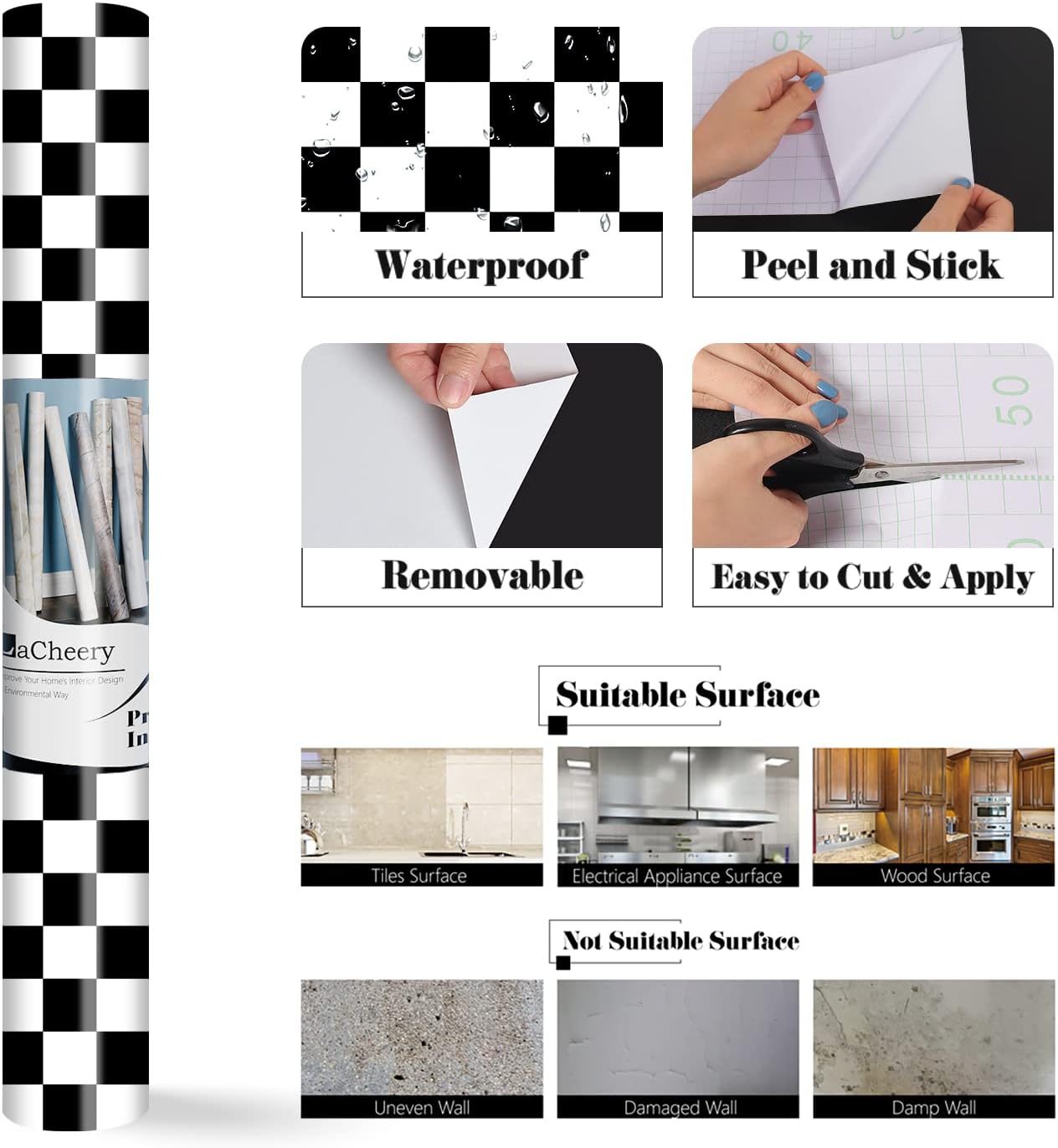 Thick Checkerboard Contact Paper Wide Black and White Checkered Wallpaper / 24 x 160 / Black/white