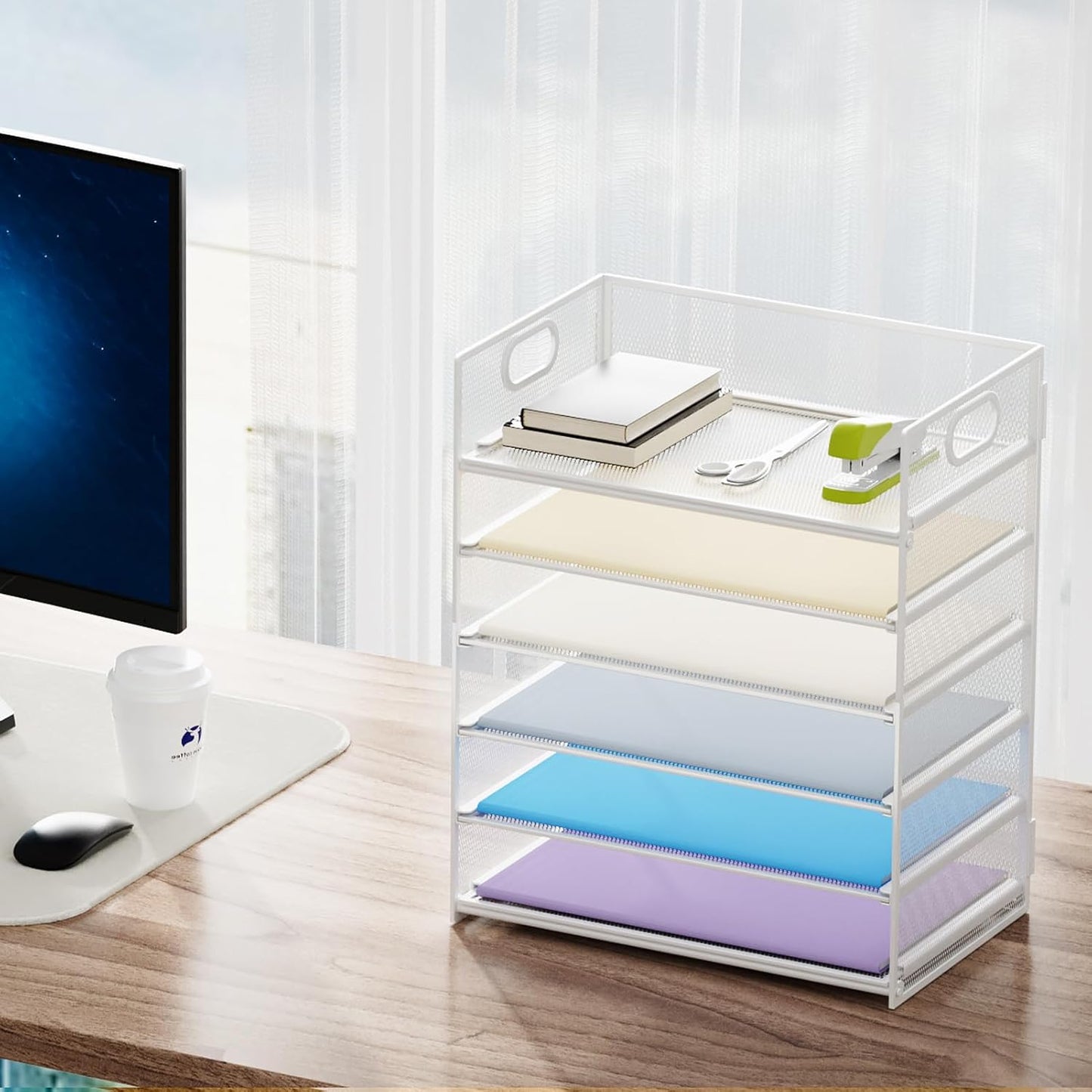 Marbrasse 6 Tier Paper Organizer Letter Tray - Mesh Desk File Organizer with Handle, Paper Sorter for Letter/A4 Office