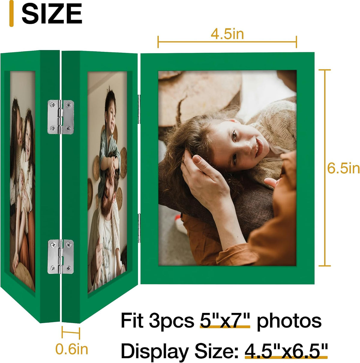 decorUhome Green Triple 5x7 Picture Frame Vertical, MDGN08 | "Z" Shape Folding Design Engineered Wood Trifold Photo