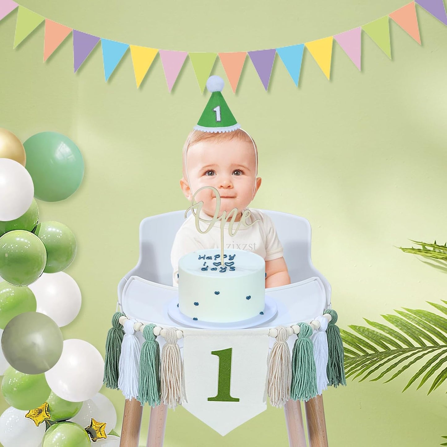 Wood Bead Tassel Garland Banner for Baby 1st Party / Green