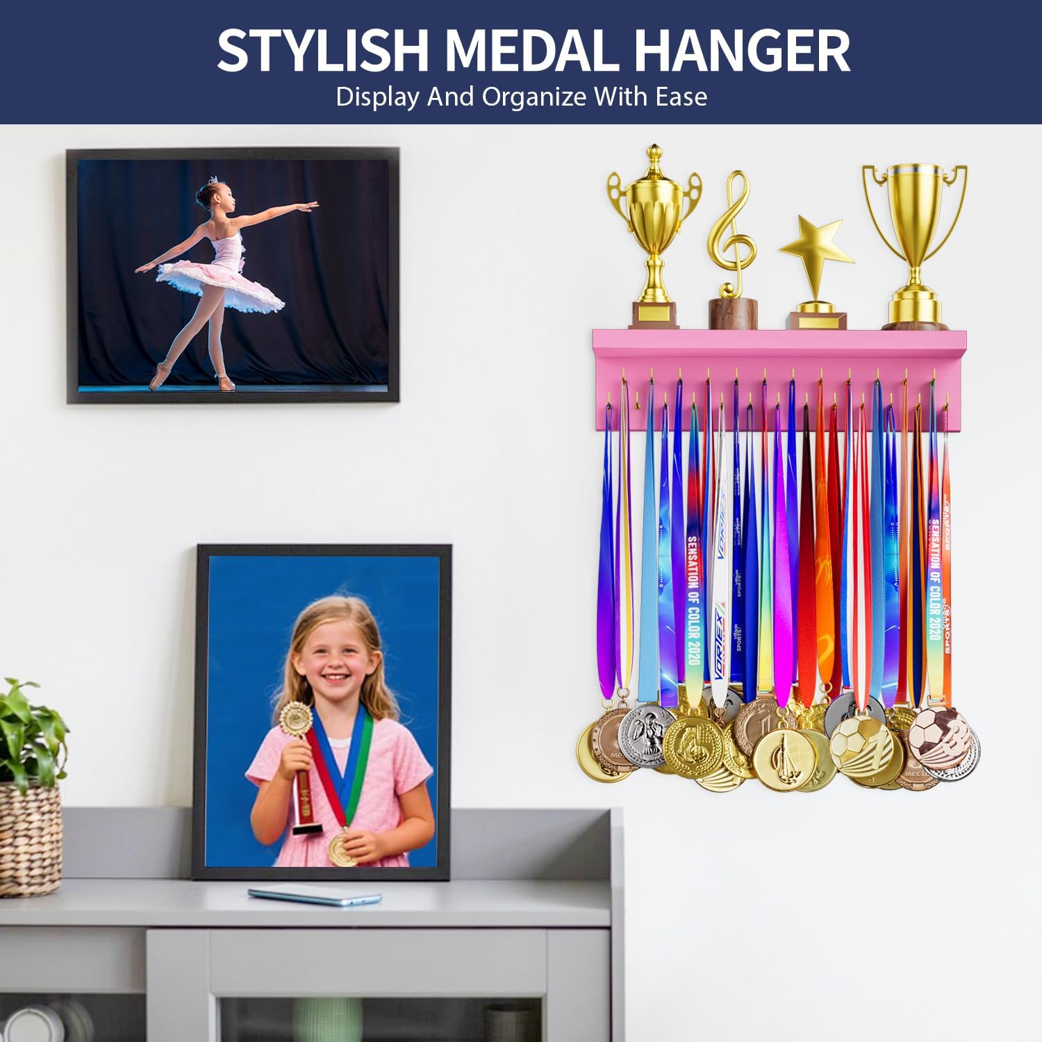 Medal Holder Display Trophy Shelf Organizer, Sturdy Wooden Race Award Hanger Rack with 25 Steel Hooks, Wall Mount