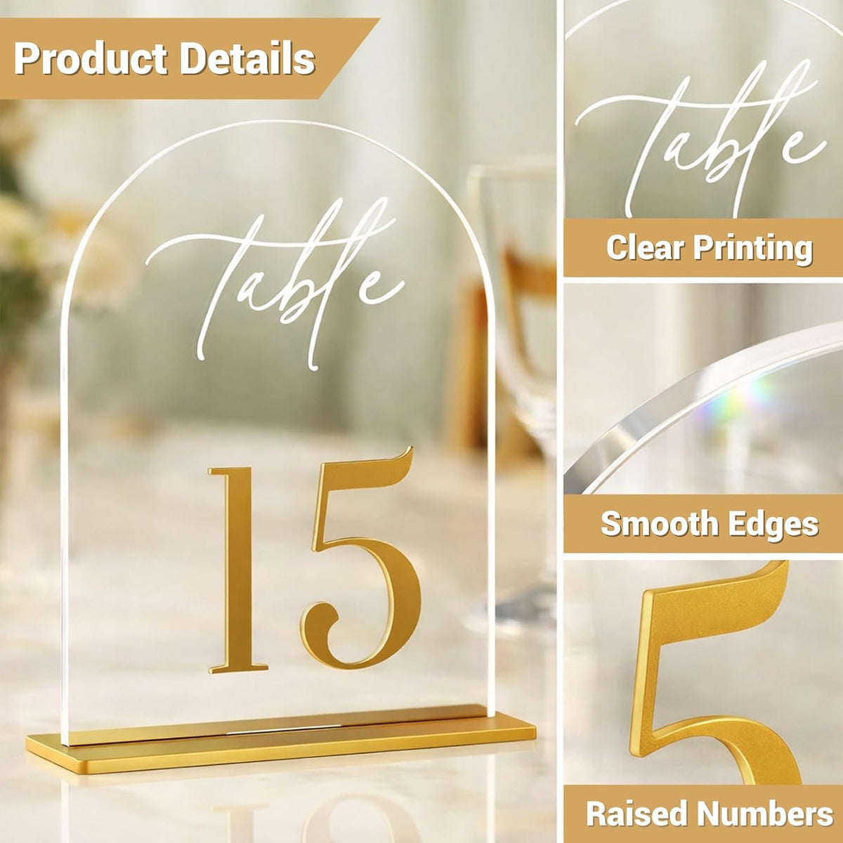 Wedding Table Numbers 1-20, Reception, 5.5" x 7" Clear Acrylic Arch Signs | Raised 3D gold numbers bring a refined