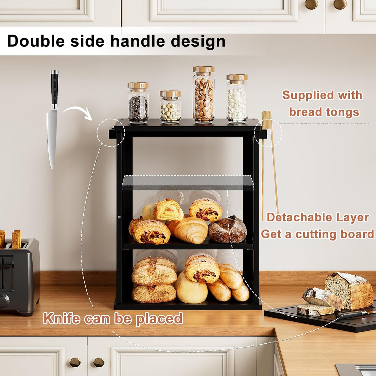 WOWLIVE Bread Box for Kitchen Countertop, 3 Layers Bread Storage Container | Large Bamboo Bread Bin for Homemade Bread