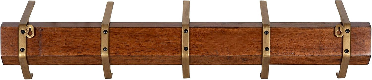 Kate and Laurel Rossmore Modern 5 Hook Shelf, Walnut and Gold, Mid-Century Coat Rack