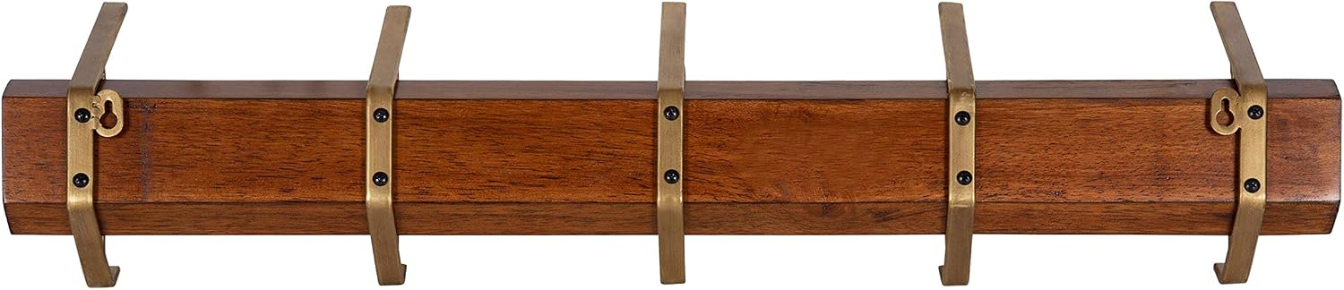 Kate and Laurel Rossmore Modern 5 Hook Shelf, Walnut and Gold, Mid-Century Coat Rack