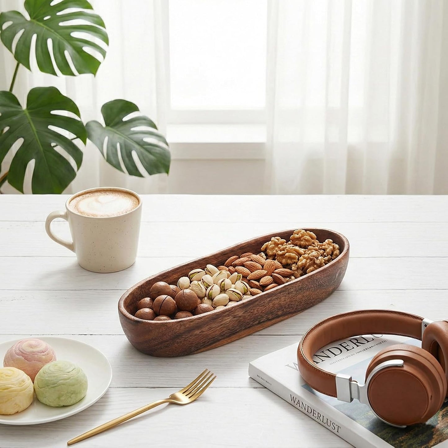 Wooden Oval Decorative Bowl Handcrafted Boat Shaped Tray Catchall for Keys Candy / 10 x 3.4 x 1.8