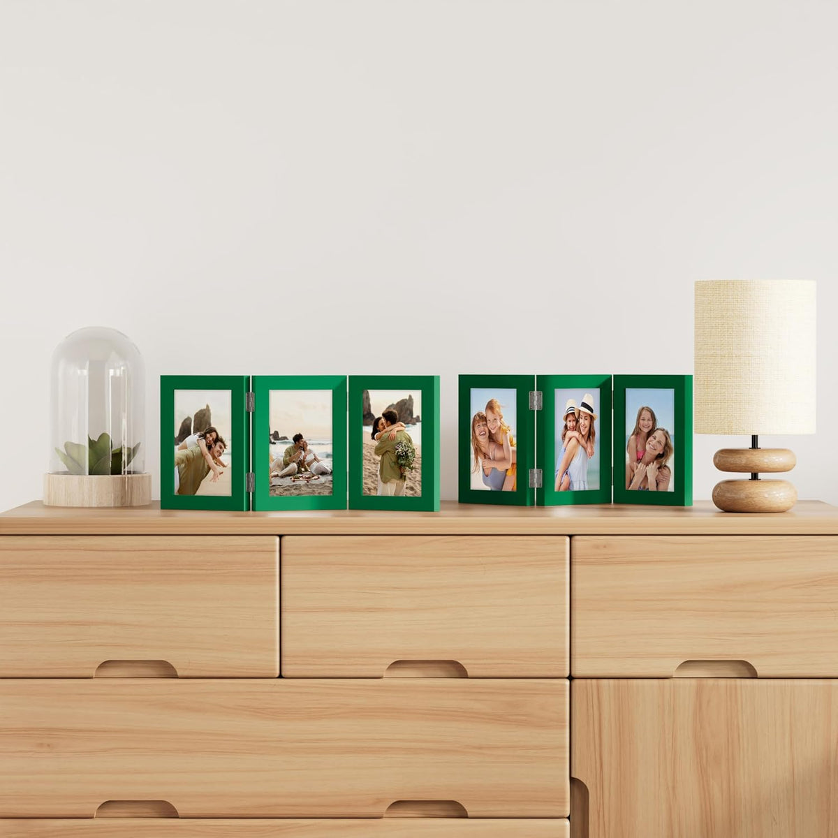 decorUhome Green Triple 5x7 Picture Frame Vertical, MDGN08 | "Z" Shape Folding Design Engineered Wood Trifold Photo