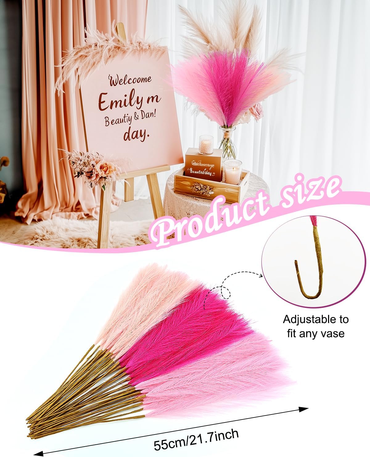 Hot Short Artificial Pompous Grass Fluffy Fake Pompas Grass Branches / 21.7 Inch / Pink / Set of 48