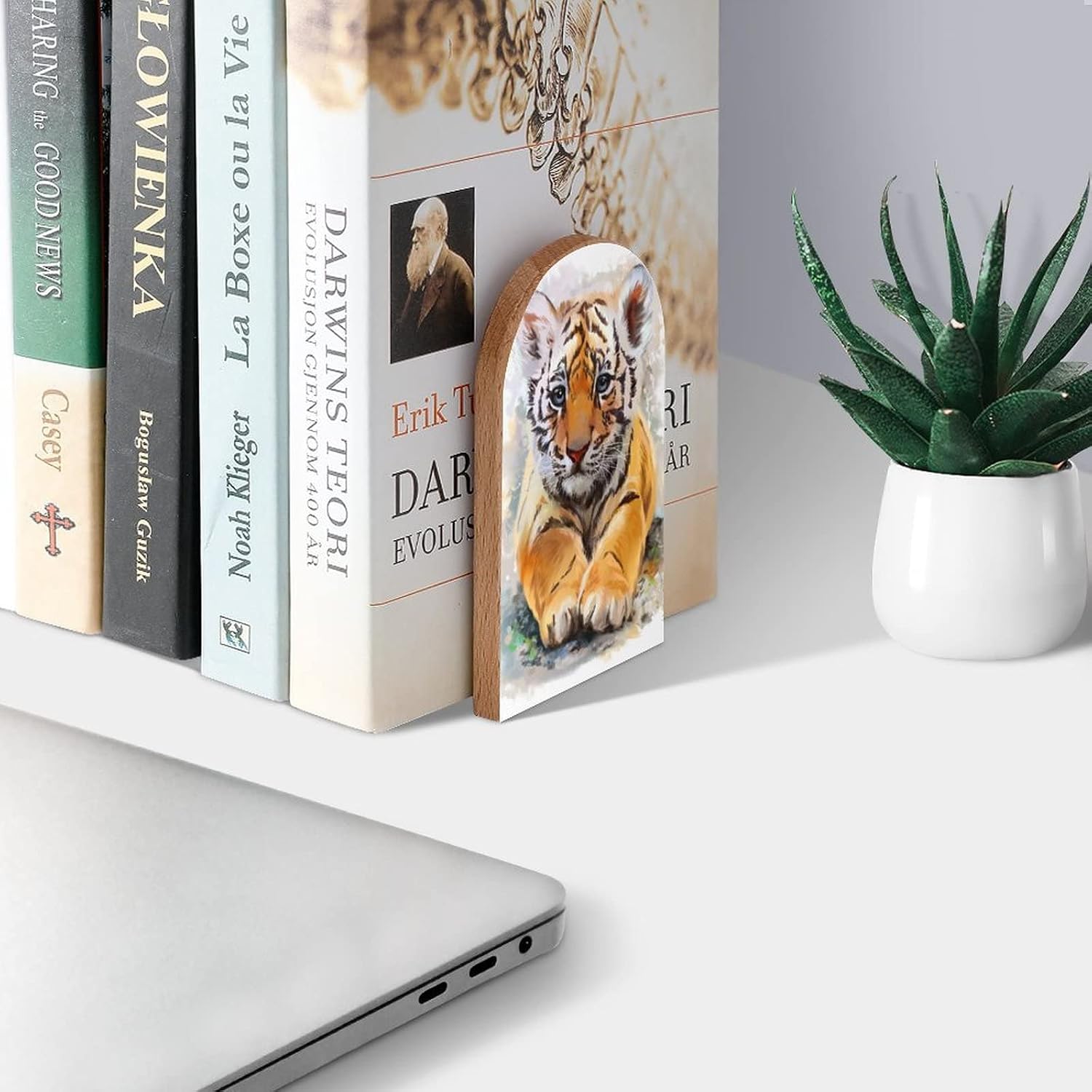 Book Ends Decorative Wood Bookends / Little Tiger Cub / 5 x 3.1