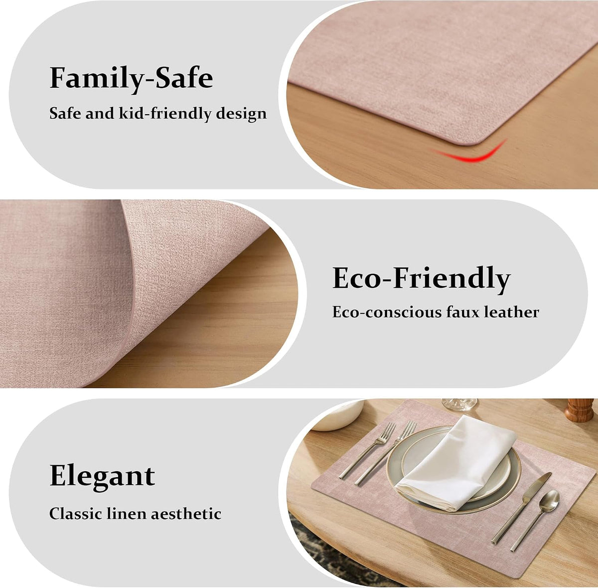 FROMHEART Faux Leather PU Placemats Set of 6 (Pink,11.8" x 17") | Waterproof,Heat/Oil Stain-Resistant Table