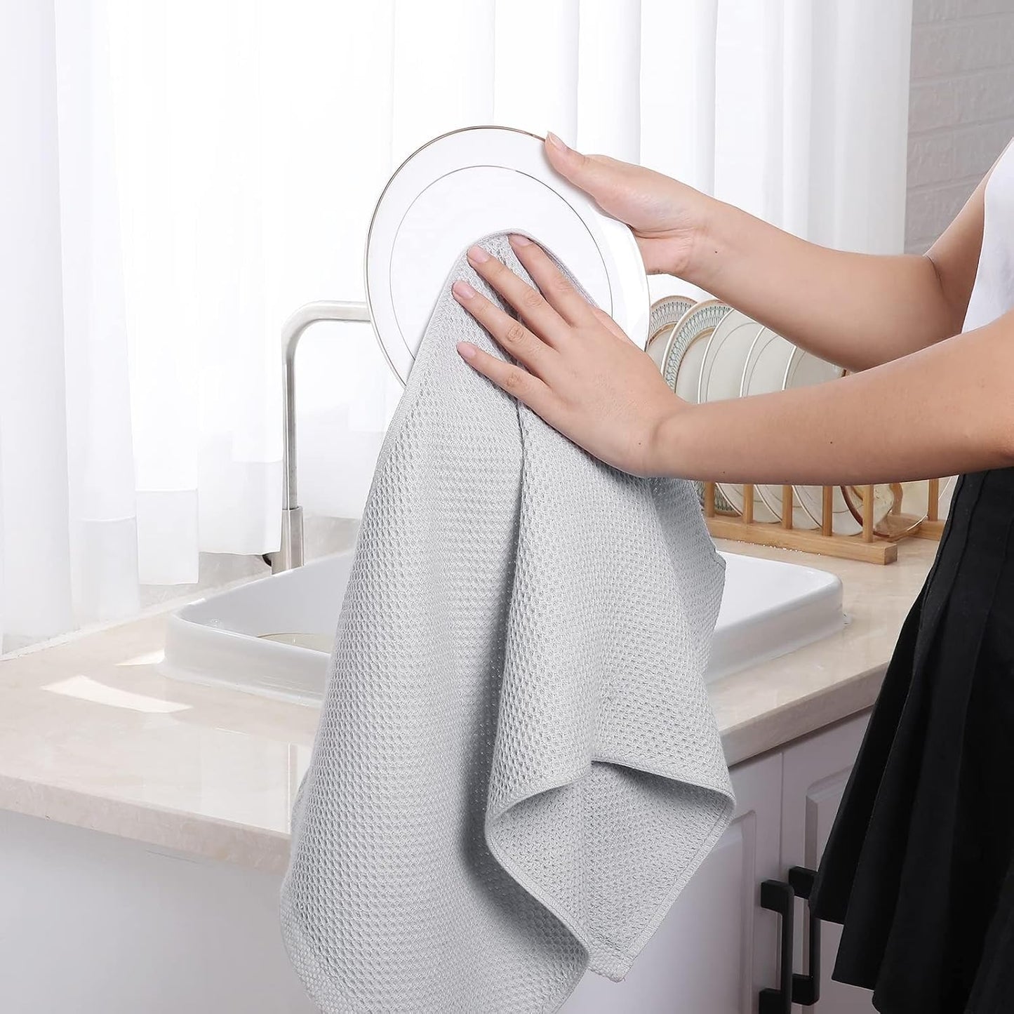 Homaxy 100% Cotton Waffle Weave Kitchen Dish Towels 12-Pack, Light Gray | 13 x 28 Inches, Ultra Soft Absorbent Dish