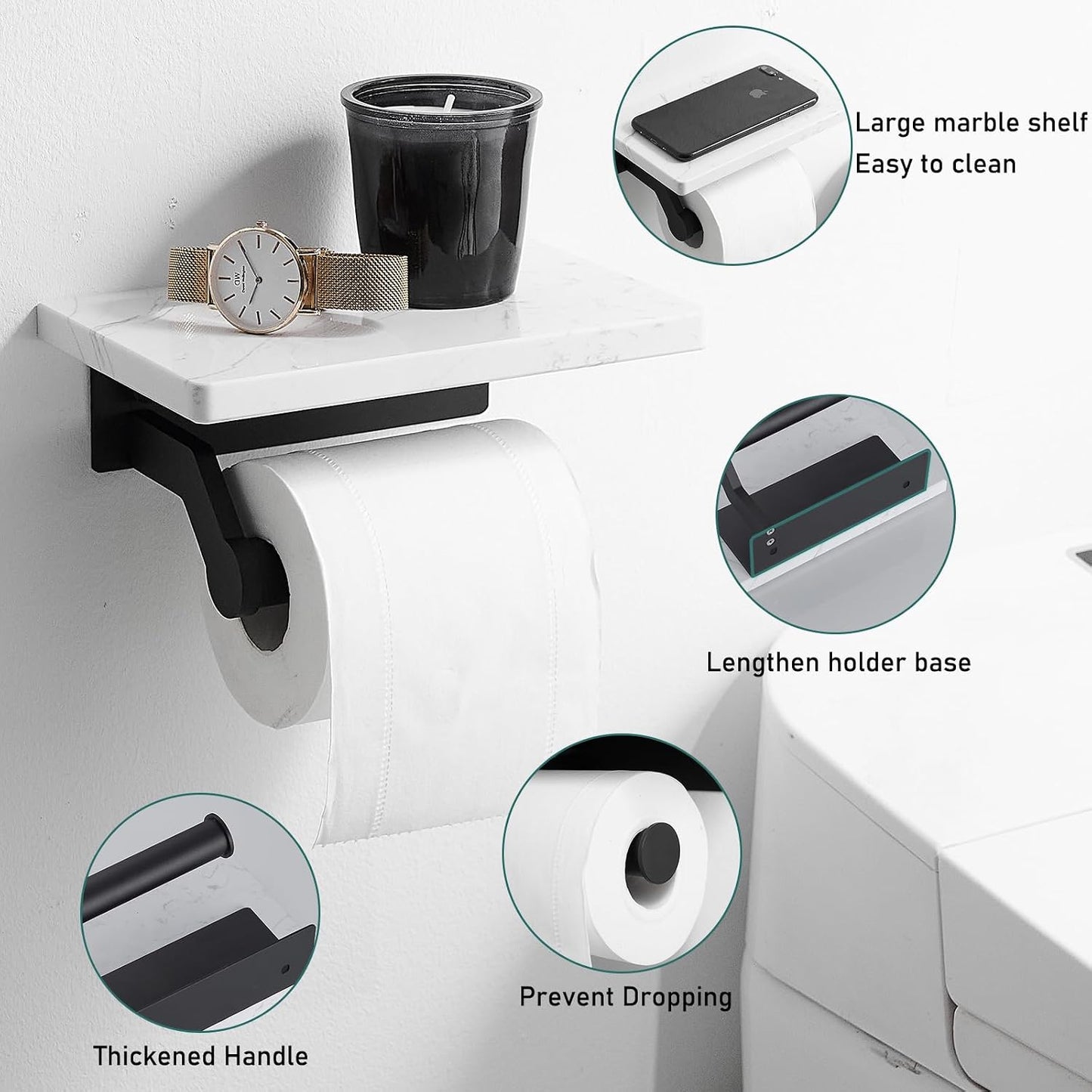 Hoimpro Toilet Paper Holder with Marble Shelf, Wall Mount Matte Black | White Natural Marble Phone Shelf Commercial