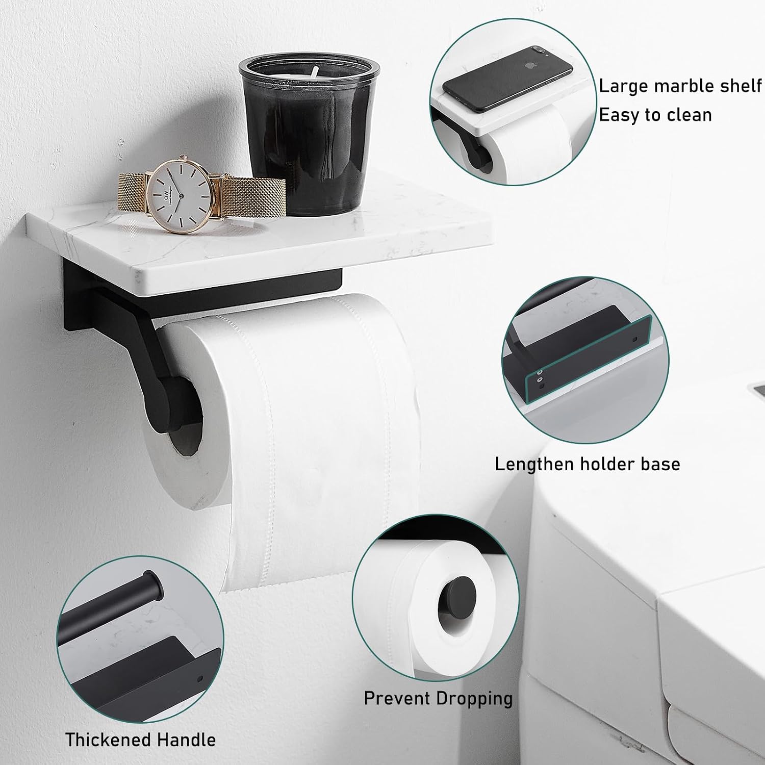 Hoimpro Toilet Paper Holder with Marble Shelf, Wall Mount Matte Black | White Natural Marble Phone Shelf Commercial