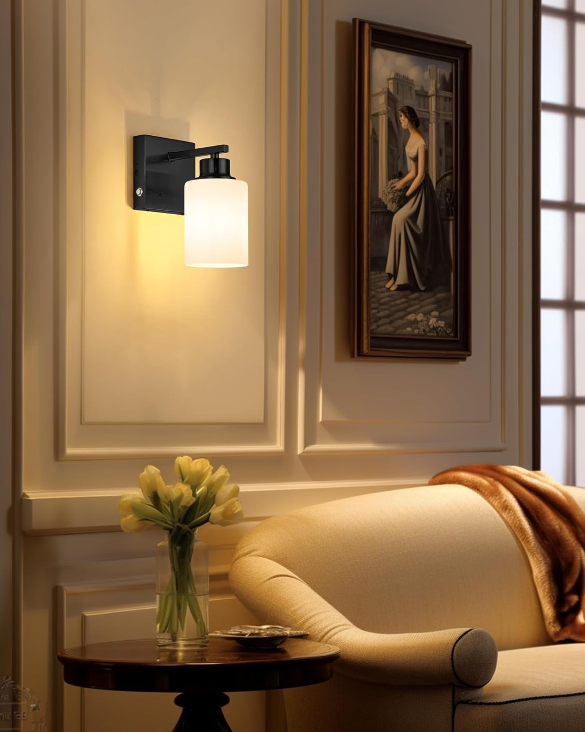 Wireless Battery Operated Wall Sconce Set of Two, Modern White Glass, Black | Dimmable, Easy Install Rechargeable Wall
