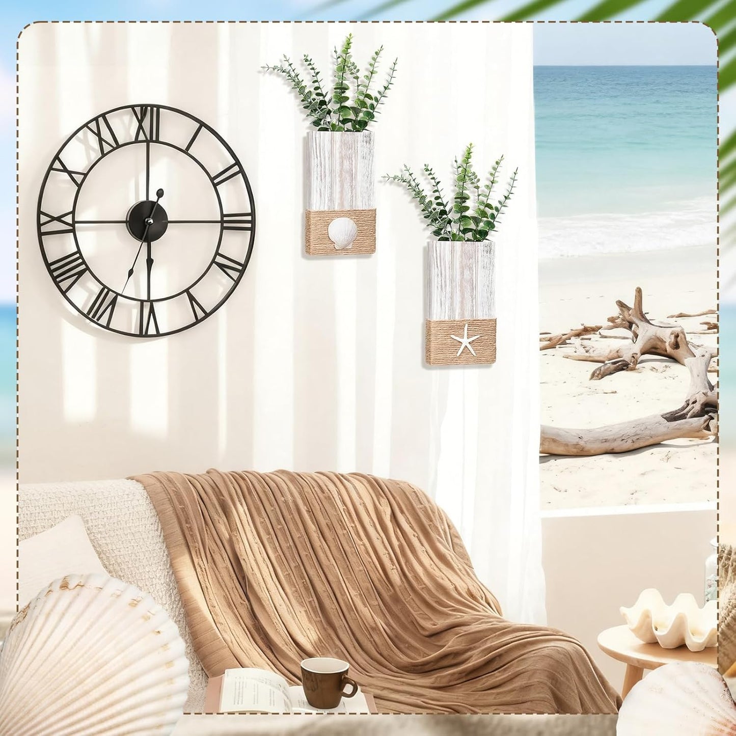 Beach Rustic Wood Wall Planter Vase Beach Room Decor Nautical Coastal / Seashell / White / Set of 2