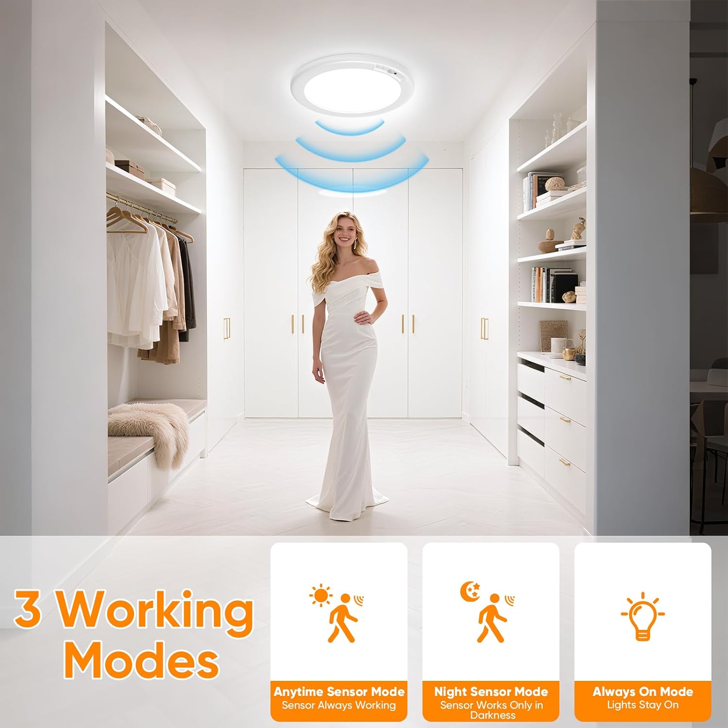 Rechargeable Motion Sensor Ceiling Light, Battery Closet Light 12 RGB Color | Wireless Battery Powered LED Shower
