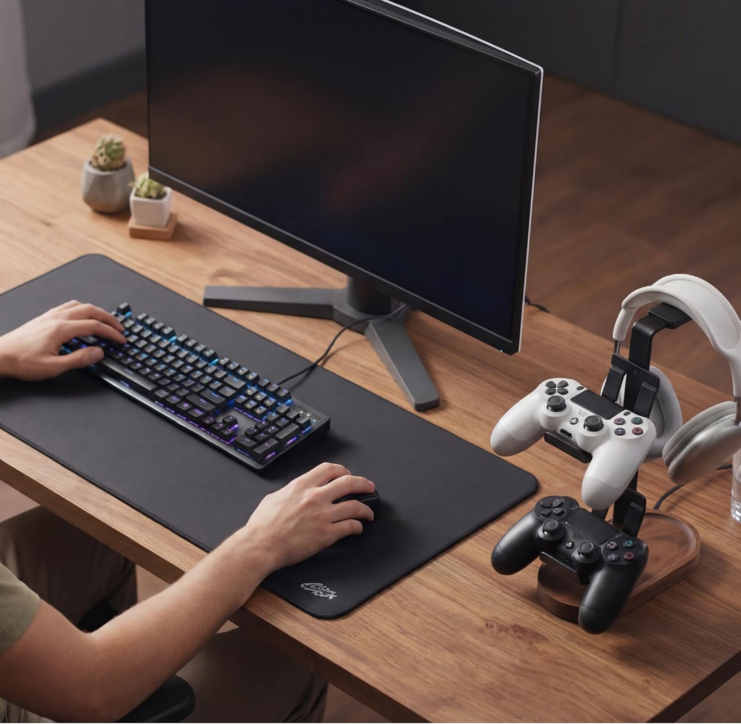 muso wood 2-in-1 Gaming Controller Stand, Headphone Holder, Desktop Headset Stand for Game Controllers and PC Earphone