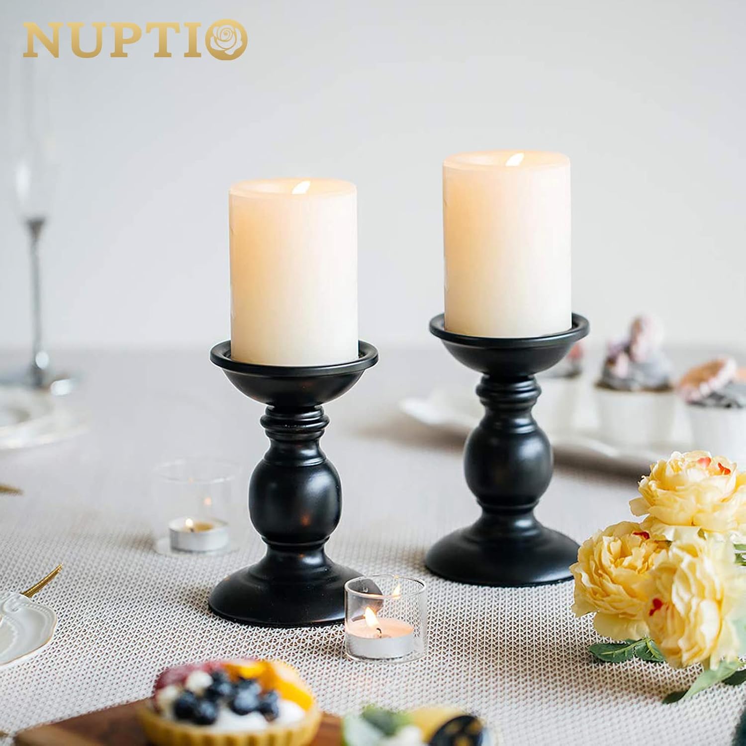 2 Pcs Black Pillar Candle Holders, Most Ideal for 3" Pillar Candles, Gifts for Wedding, Party, Home, Spa, Reiki, Votive