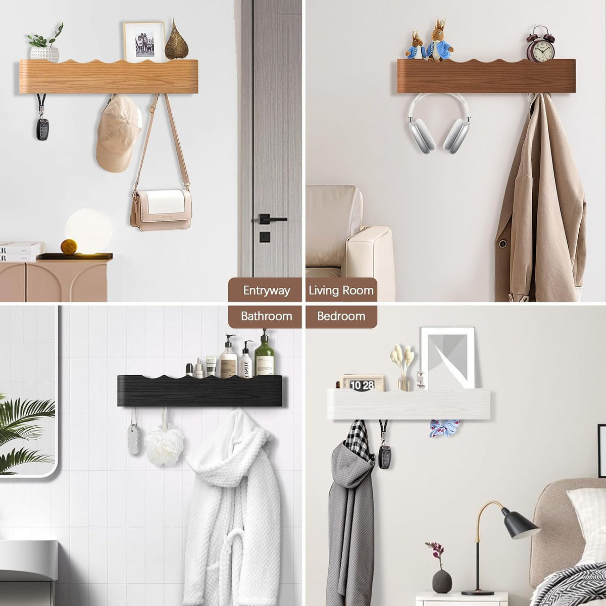 Coat Rack Wall Mount with Hidden Hooks, Wall Hooks with Shelf, Wall Key Holder Mount Wooden Shelf Entryway Hooks for