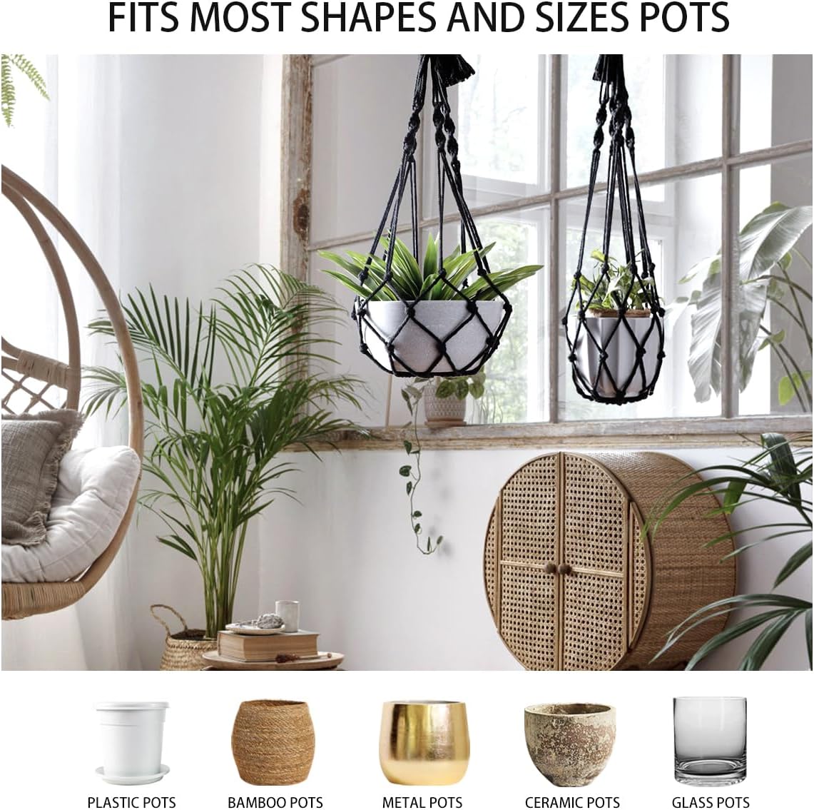Black Plant Hanger Macrame Hanging Planter / Black Macrame / Set of 2