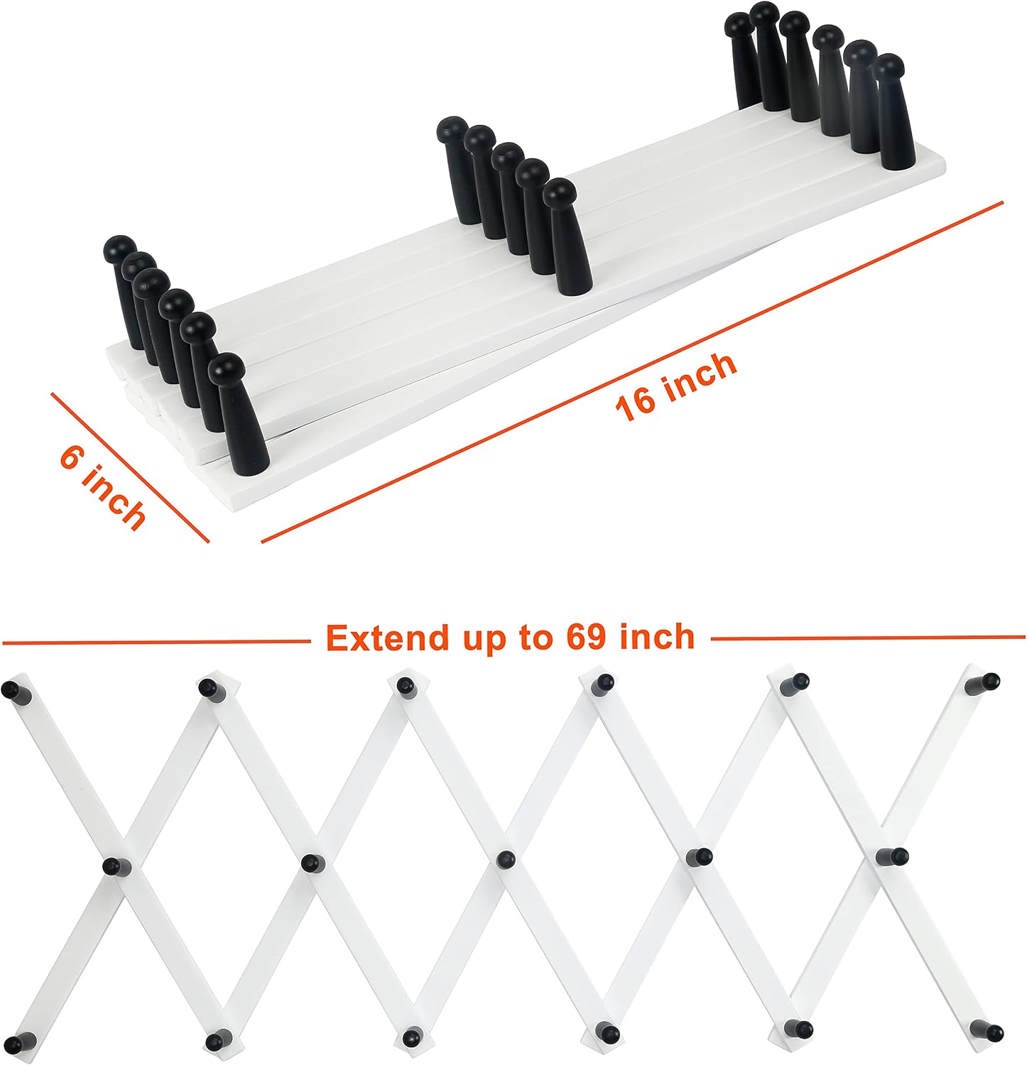 Accordian Wall Hanger: 16” High Wooden Wall Expandable Coat Rack, Hat Rack Holder, Accordion Hook for Baseball Caps
