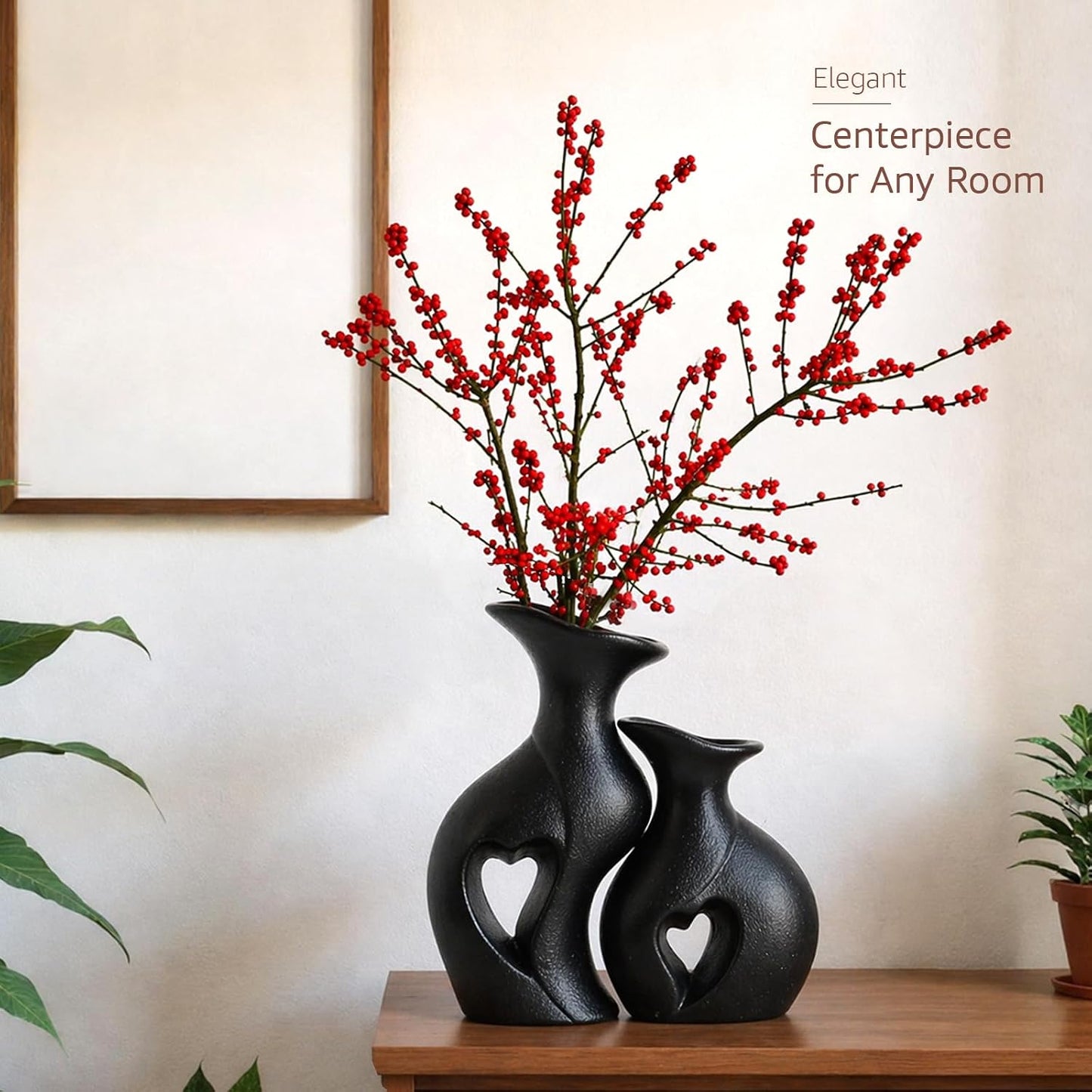 Ceramic Vases / Hollowed Heart Flower Vase for Modern Nordic Boho Home Decor / Black / Set of 2