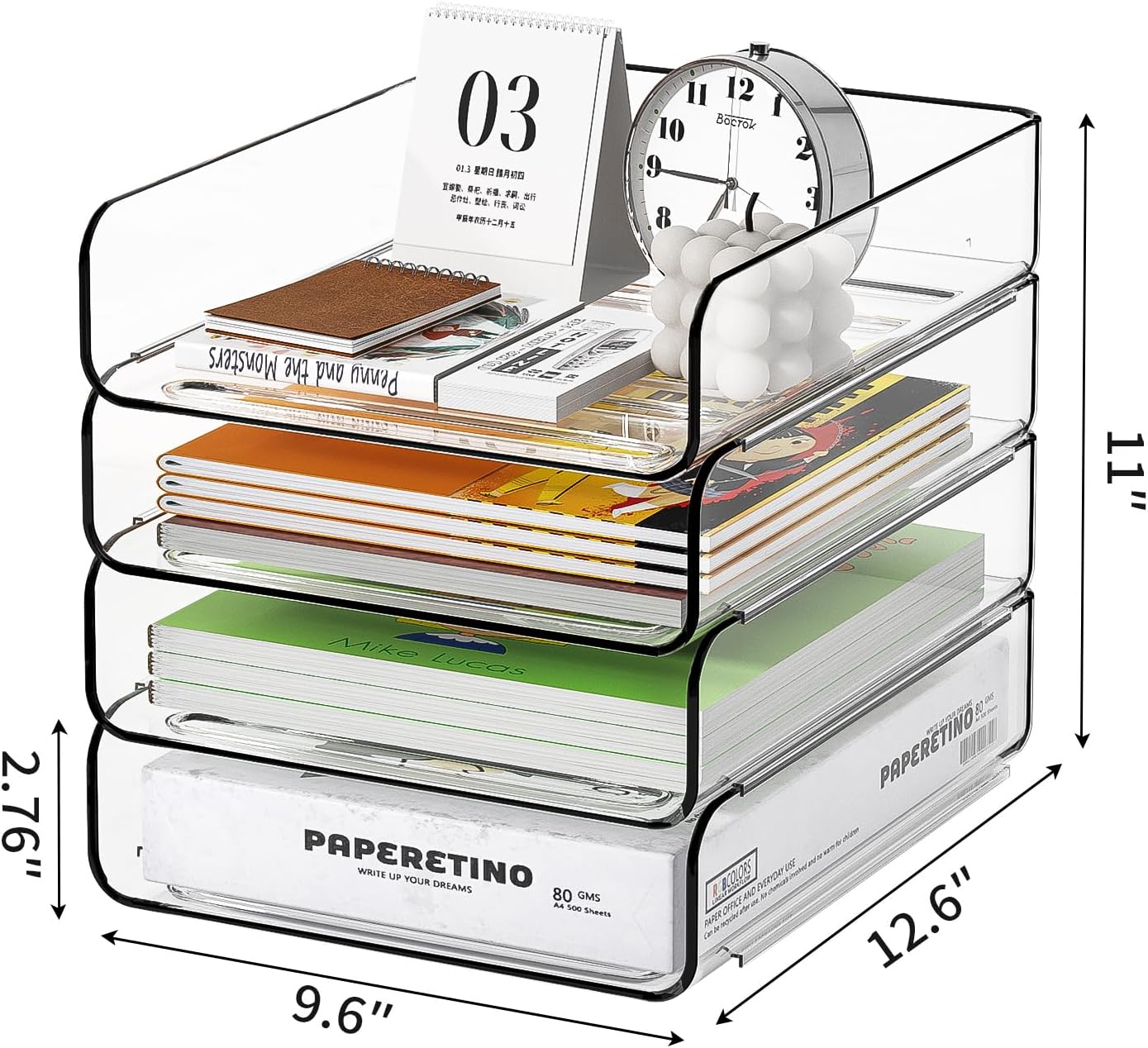 4-Tier Acrylic Paper Tray Organizer / 4-tier-vertical / 12.6 x 9.6 x 11 / Clear