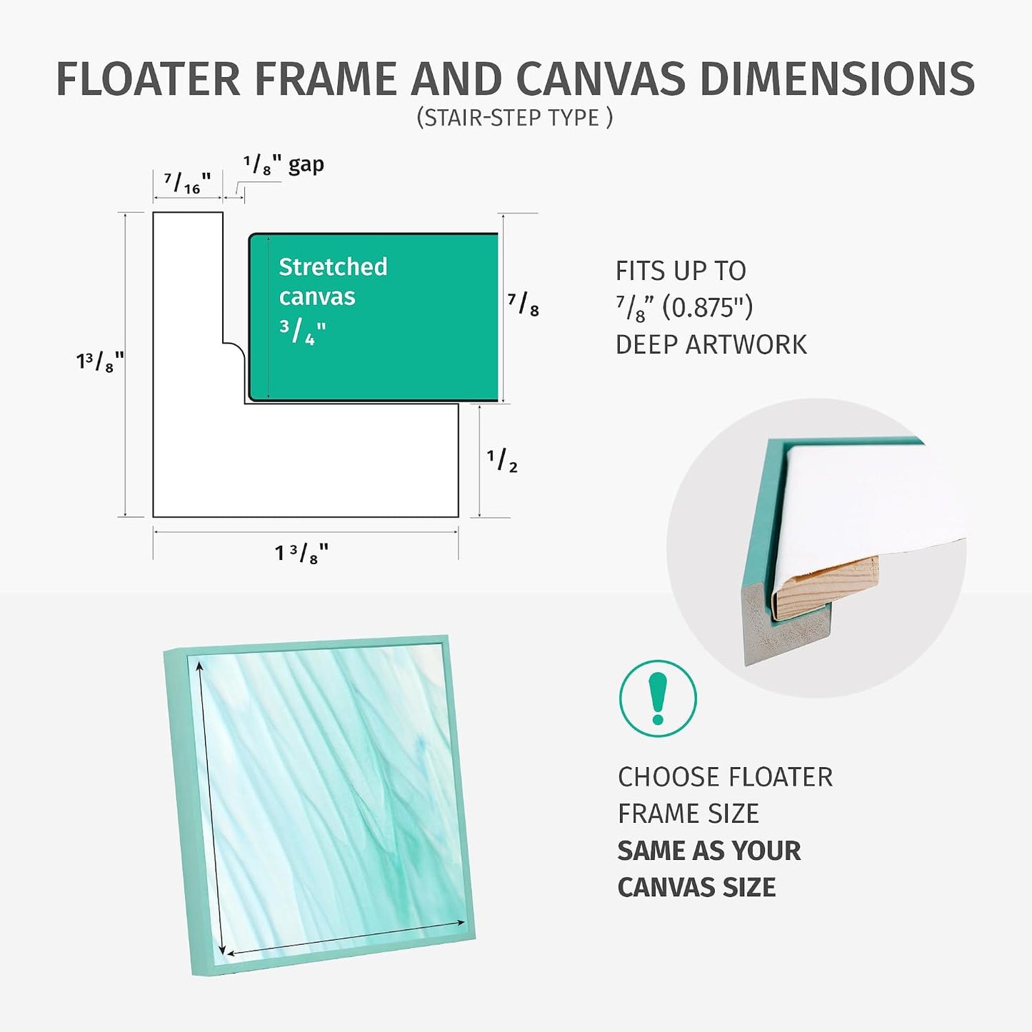 Floater Frame 18x18 for 3/4 (0.75) inch Deep Canvas Paintings/Canvas Prints/Wood Canvas Panels/Wall Art/Wall Decor/Home