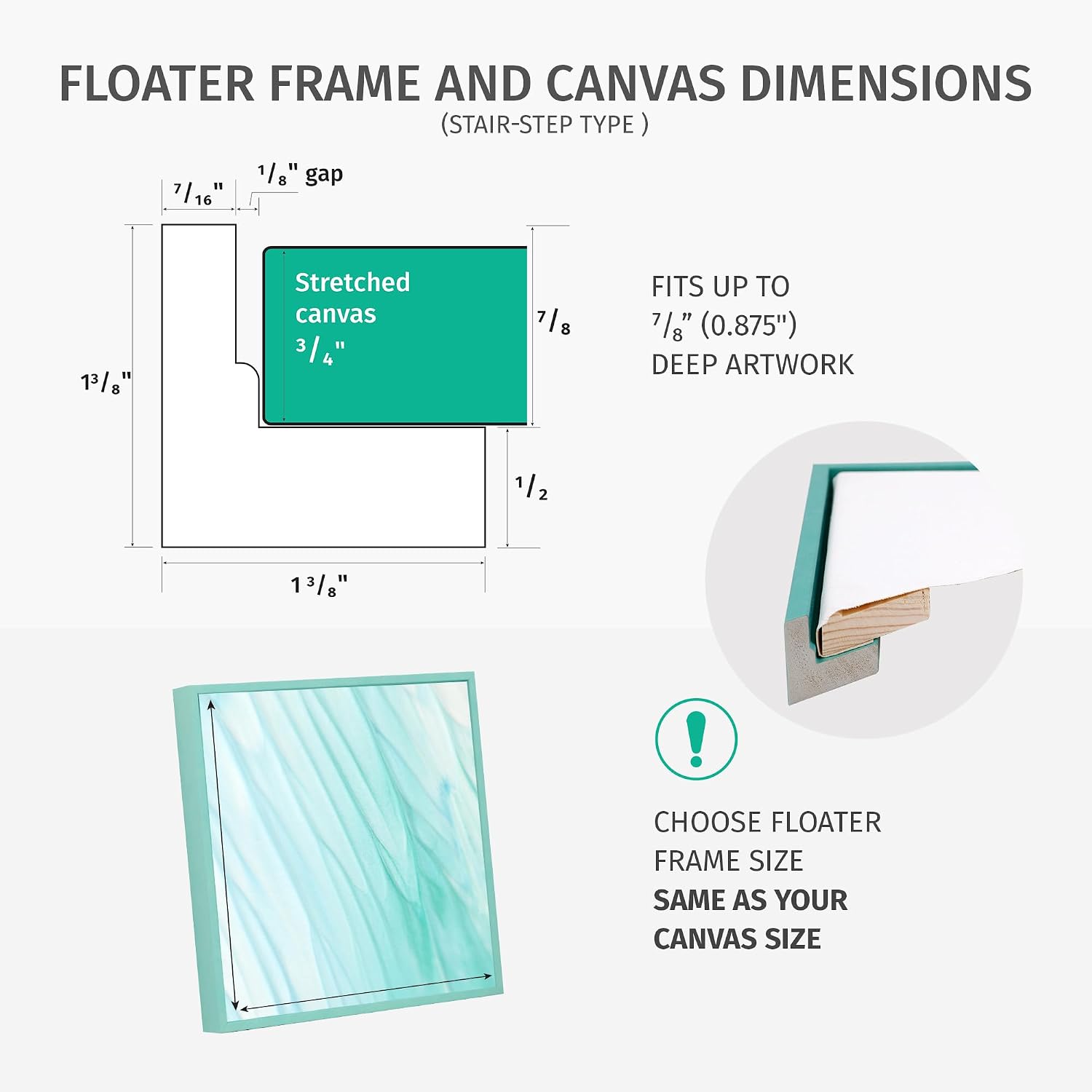 Floater Frame 18x18 for 3/4 (0.75) inch Deep Canvas Paintings/Canvas Prints/Wood Canvas Panels/Wall Art/Wall Decor/Home
