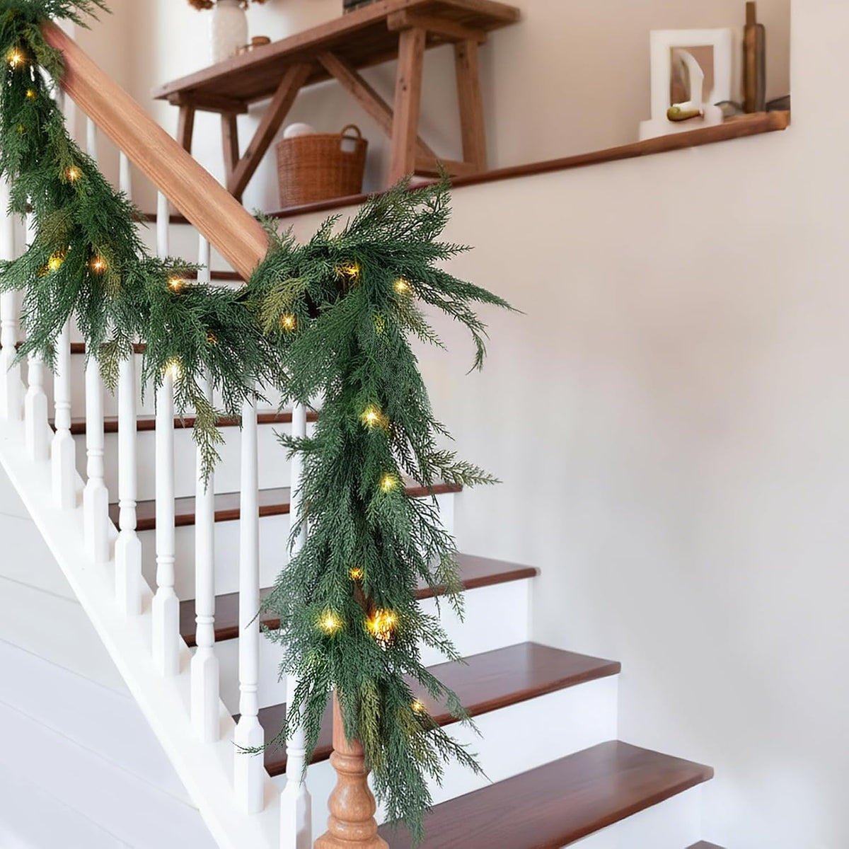 Christmas Cedar Garland Realistic - Cypress Decorations with Lights 6ft for Mantle Lighted Faux Pine Garlands for Xmas