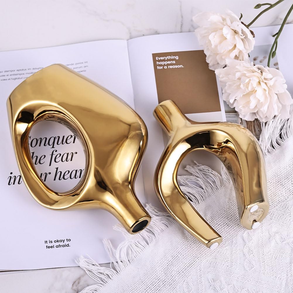 Hollow Ceramic Vases / Gold / Set of 2