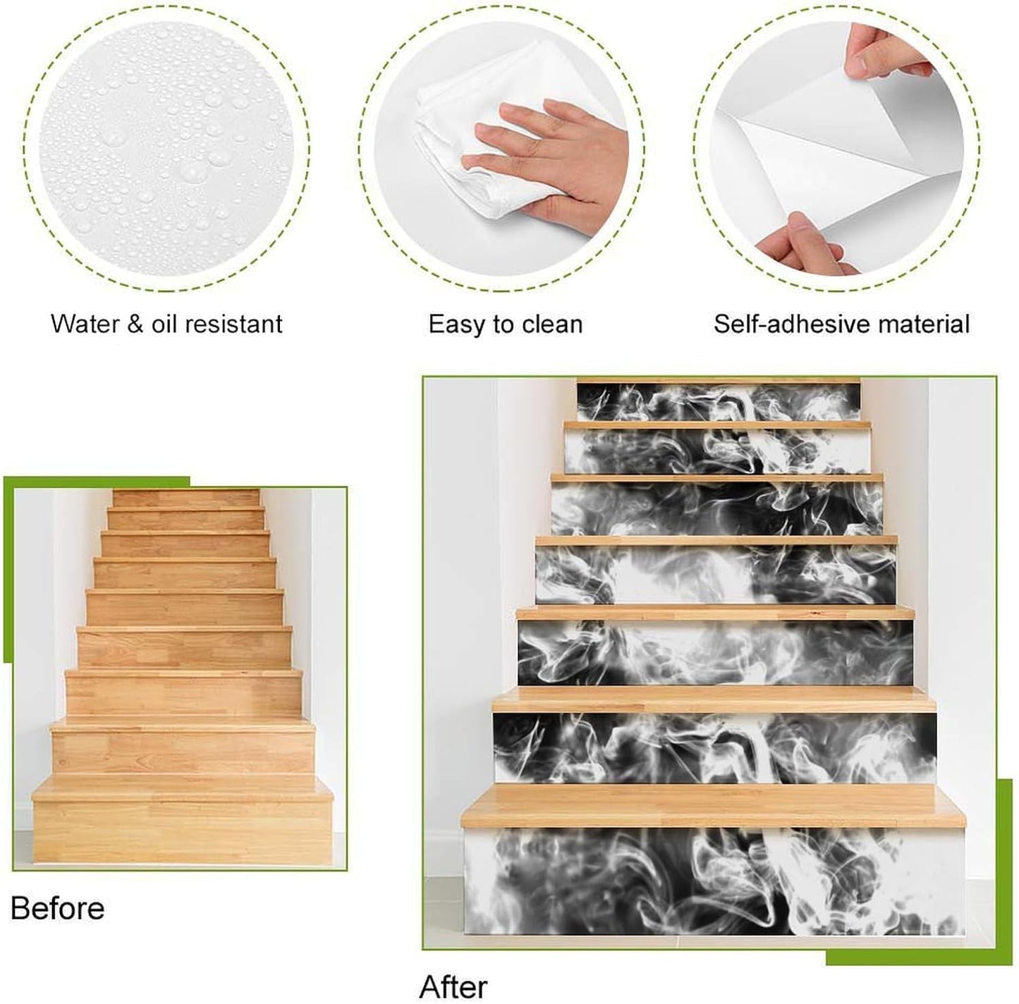 Peel and Stick Removable Novelty White Smoke Risers Stairs / Gss080 / / SET / Black / Set of 12