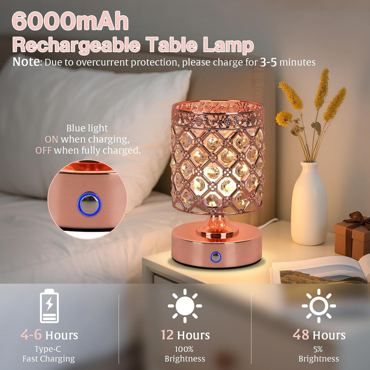 Rose Gold Small Crystal Rechargeable Cordless Table Lamps Set of 2 | 6000mAh Battery, 3 Color Temps, Stepless Dimming