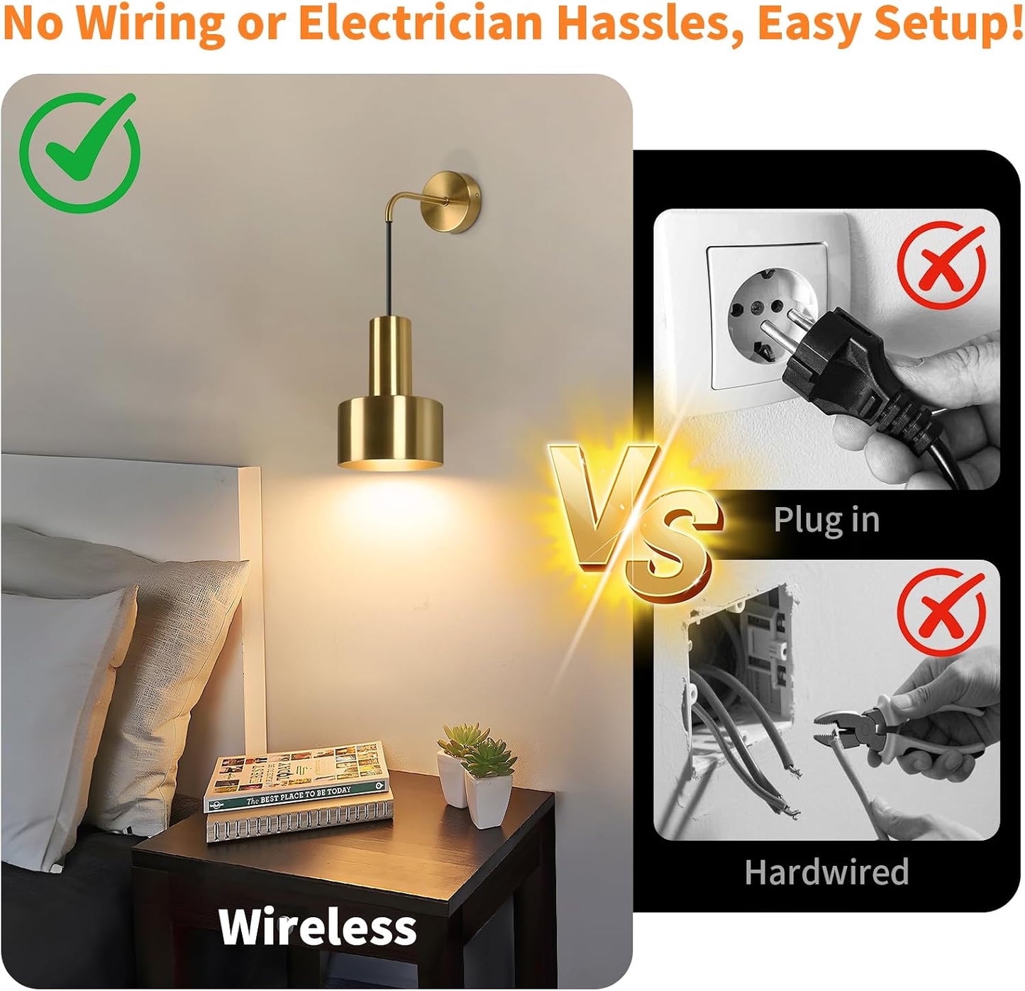 Gold Wireless Battery Operated Wall Sconces Set of 2 with Remote Control | Dimmable Wall Lamp with 3000K-6000K