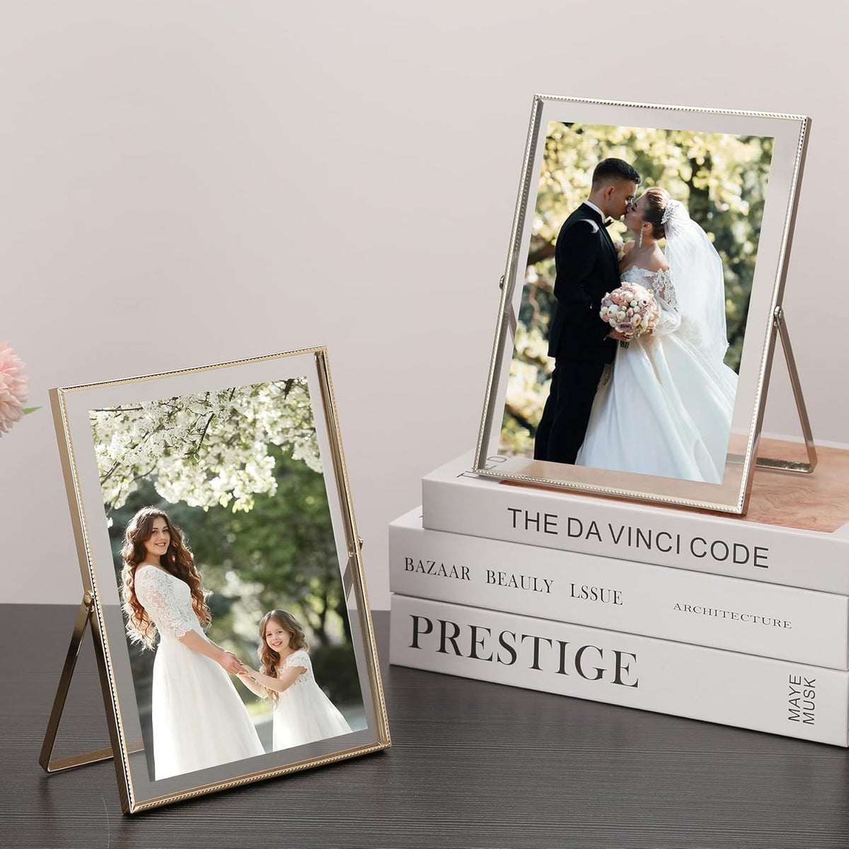 4x6 Triple Floating Frame,Metal Beaded Edge,Gold | Tempered glass, adjustable tabletop/shelf photo frame, for photo