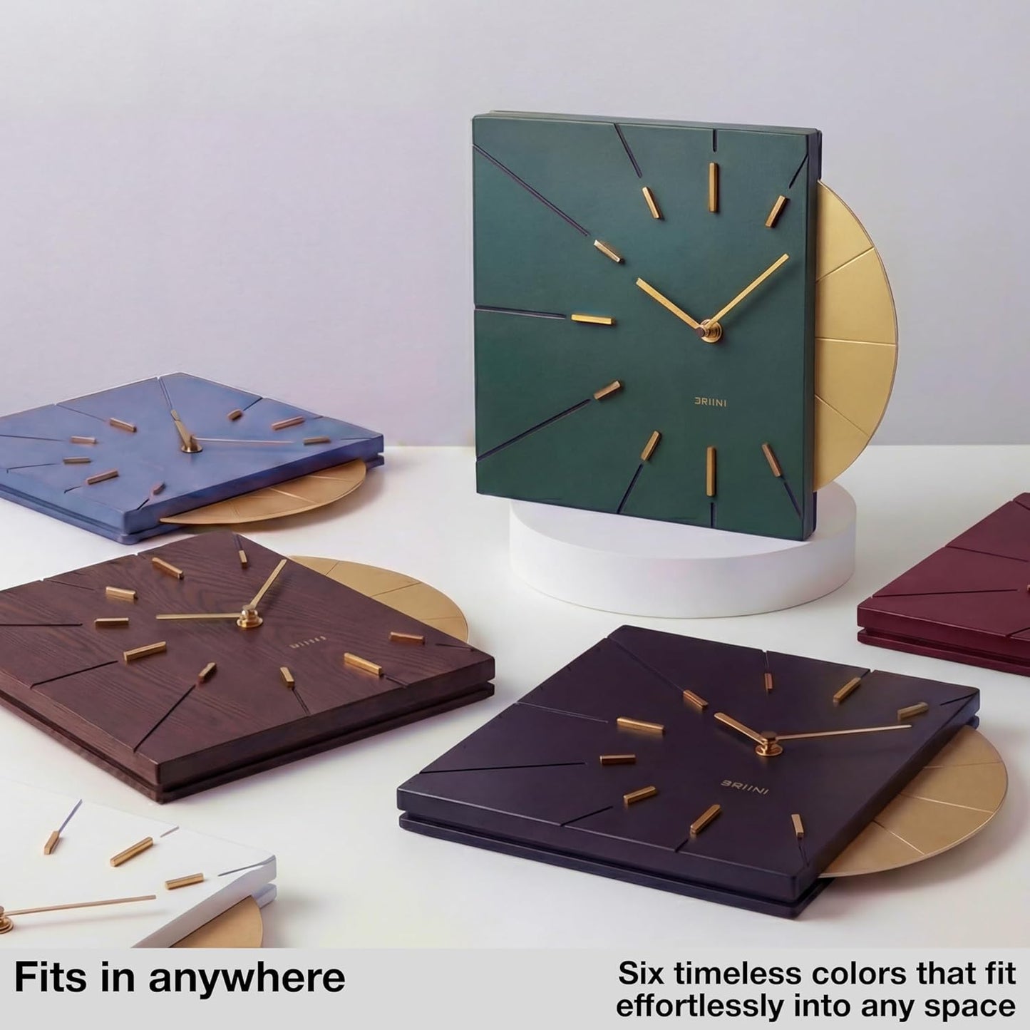 Driini Clocks Mid Century Modern Wall Clock - Square Green Clock with Decorative Gold Accent- Unique and Cool Clock