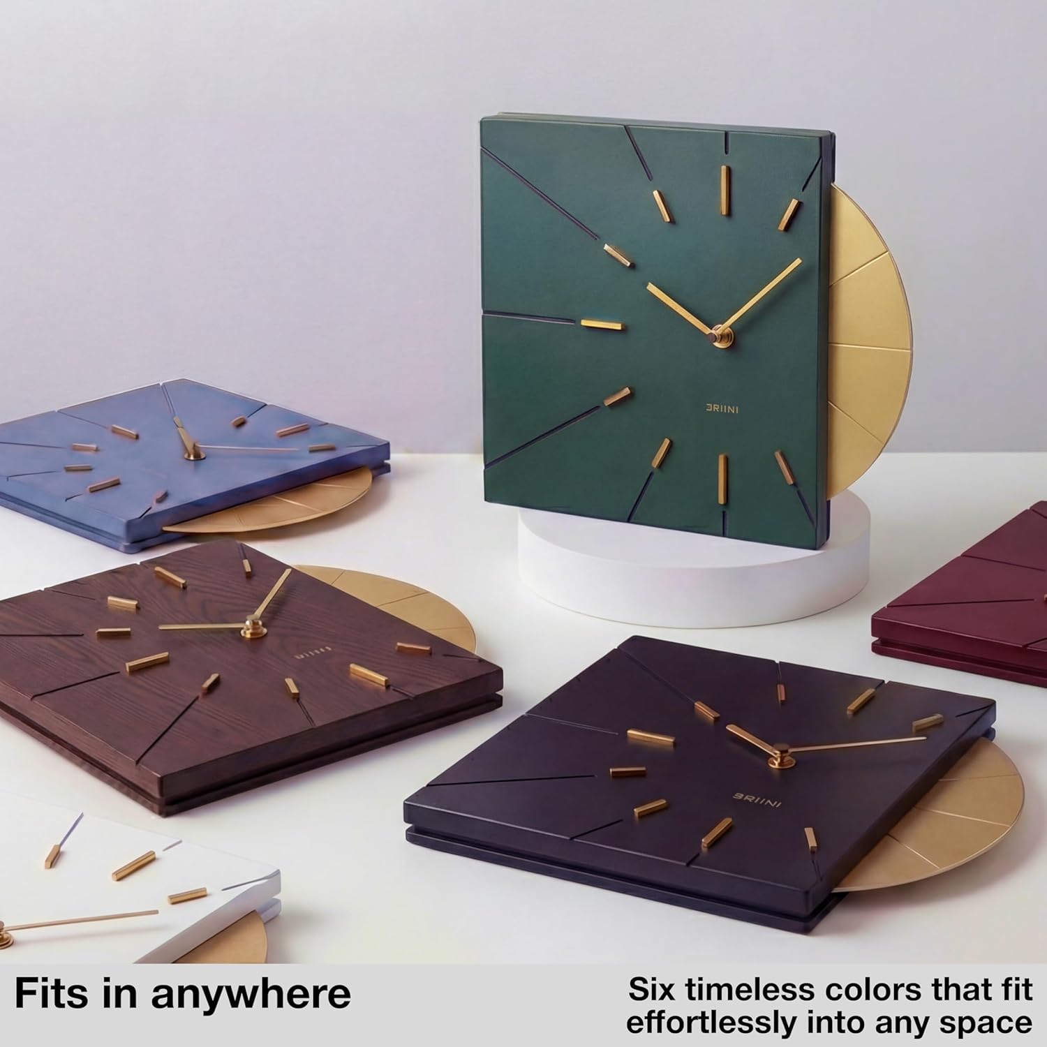 Driini Clocks Mid Century Modern Wall Clock - Square Green Clock with Decorative Gold Accent- Unique and Cool Clock