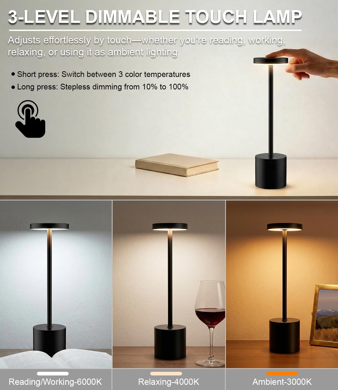 Cordless Table Lamp Set of 2, Rechargeable 5000mAh Battery Operated Outdoor Table Lamps, Portable LED Desk Lamp, 3