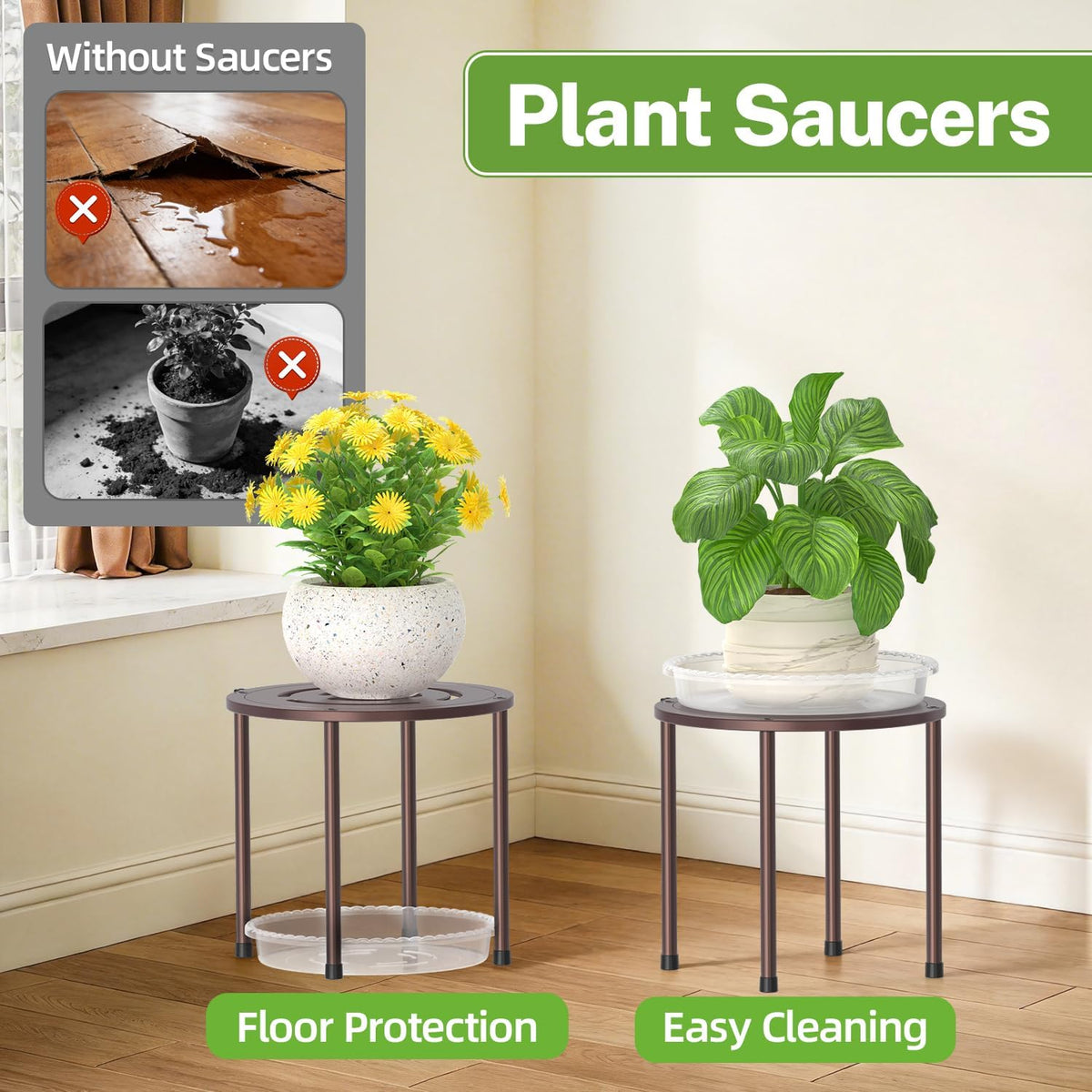 iDavosic.ly 5-Pack Metal Plant Stands with 5 Plant Saucer Tray, 10'' Bronze | Flower Pot Holder, Heavy Duty Iron Stool