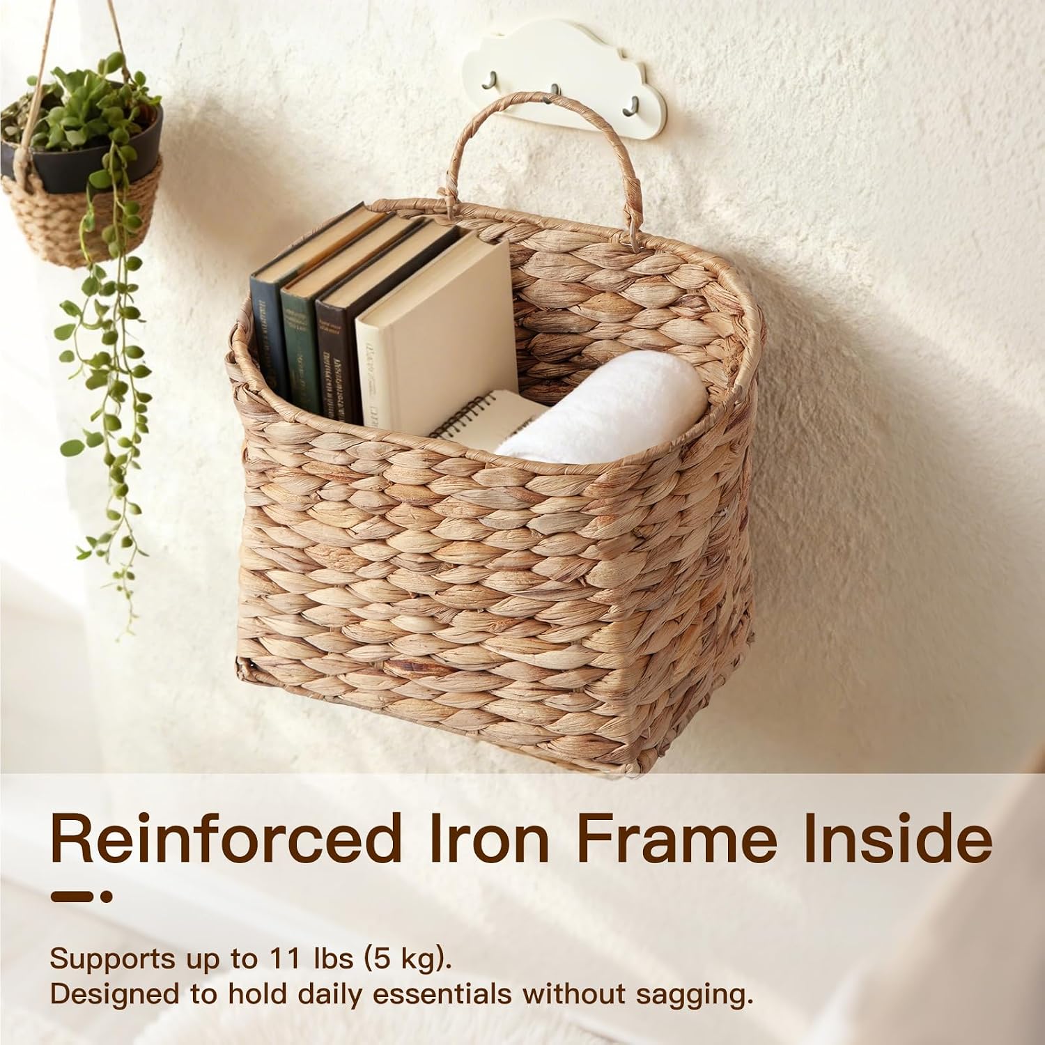 Wicker Hanging Wall Basket Woven Hanging Baskets Water Hyacinth Wall Mounted / Natural / Set of 2