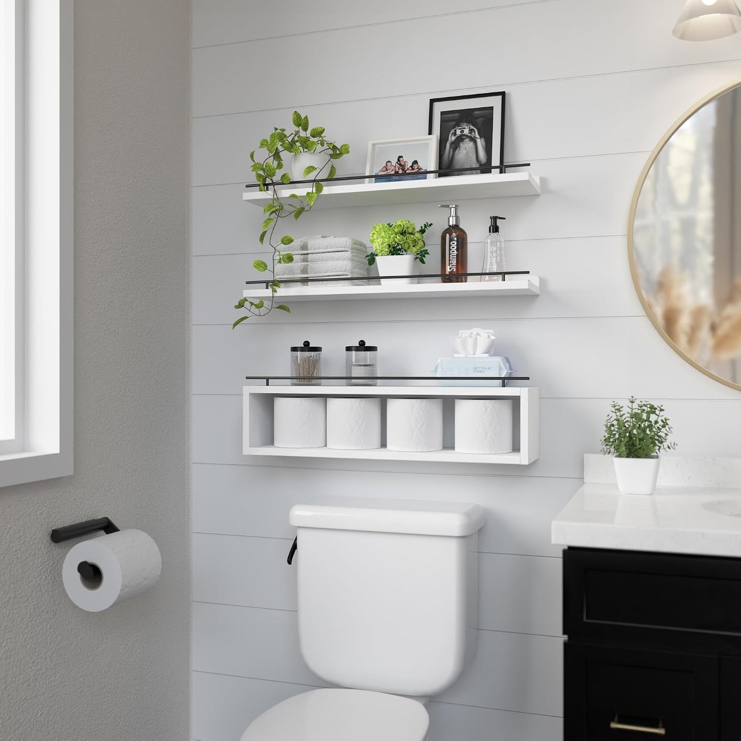 Floating Shelves for Wall 24 inch with Cube Shelf, Wall Shelves with Metal Rail for Bathroom Decor, Bathroom Organizers