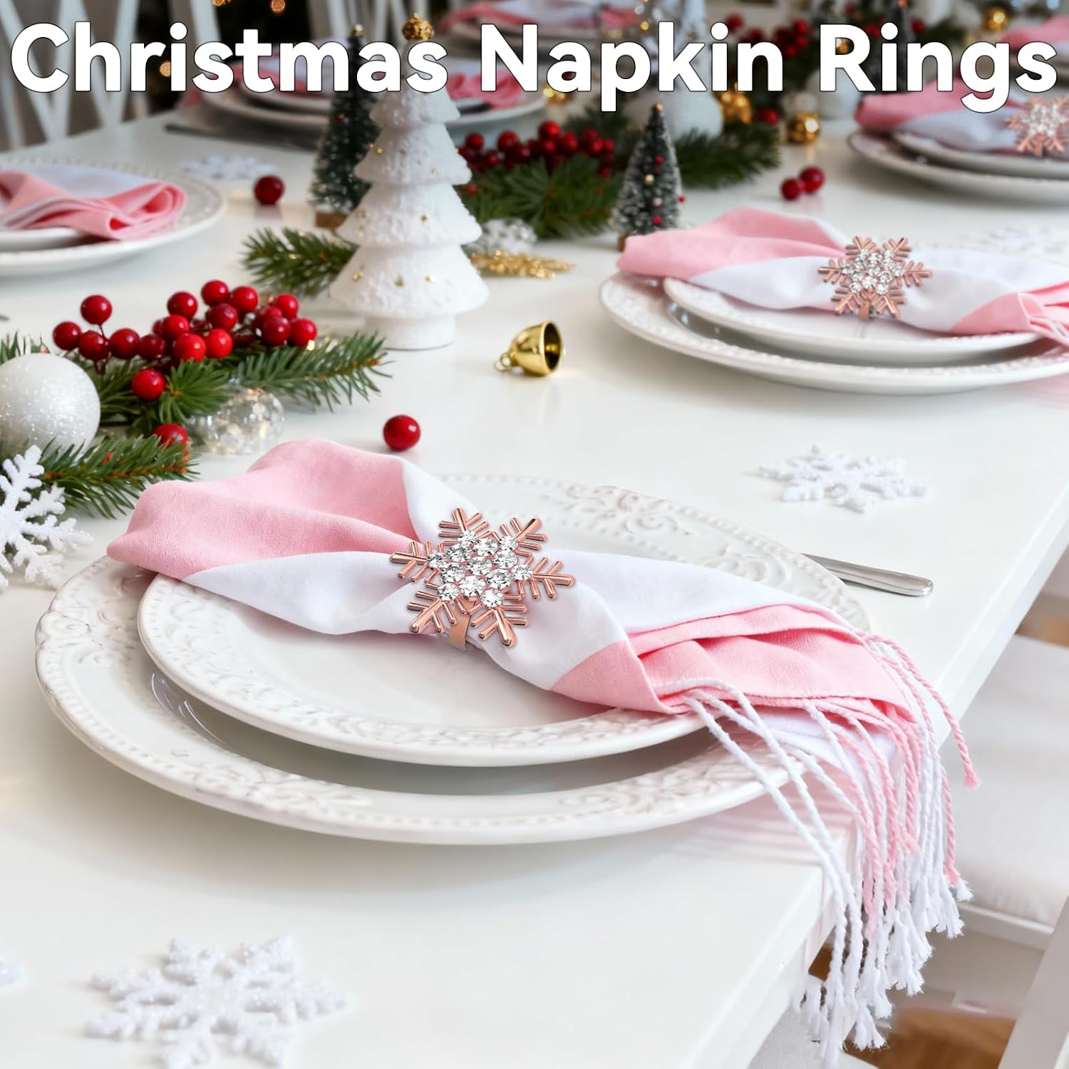 Christmas Snowflake Napkin Rings Set of 12- Rose Gold Rustic Dinner Tables Setting Decoration for Wedding Receptions