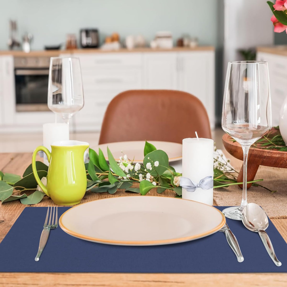 MANSPHIL Navy Blue Fabric Placemats Set of 4 13"x19" Linen Look Place Mats | Dark Blue Cotton Blend Table Mat Oeko Tex