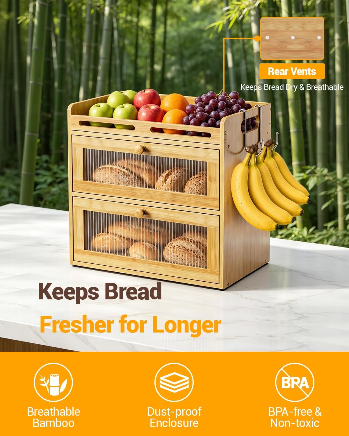 Bread Box for Kitchen Countertop, 2-Tier Bamboo Storage with Top Shelf | Large Capacity Bread Container, 2 Banana